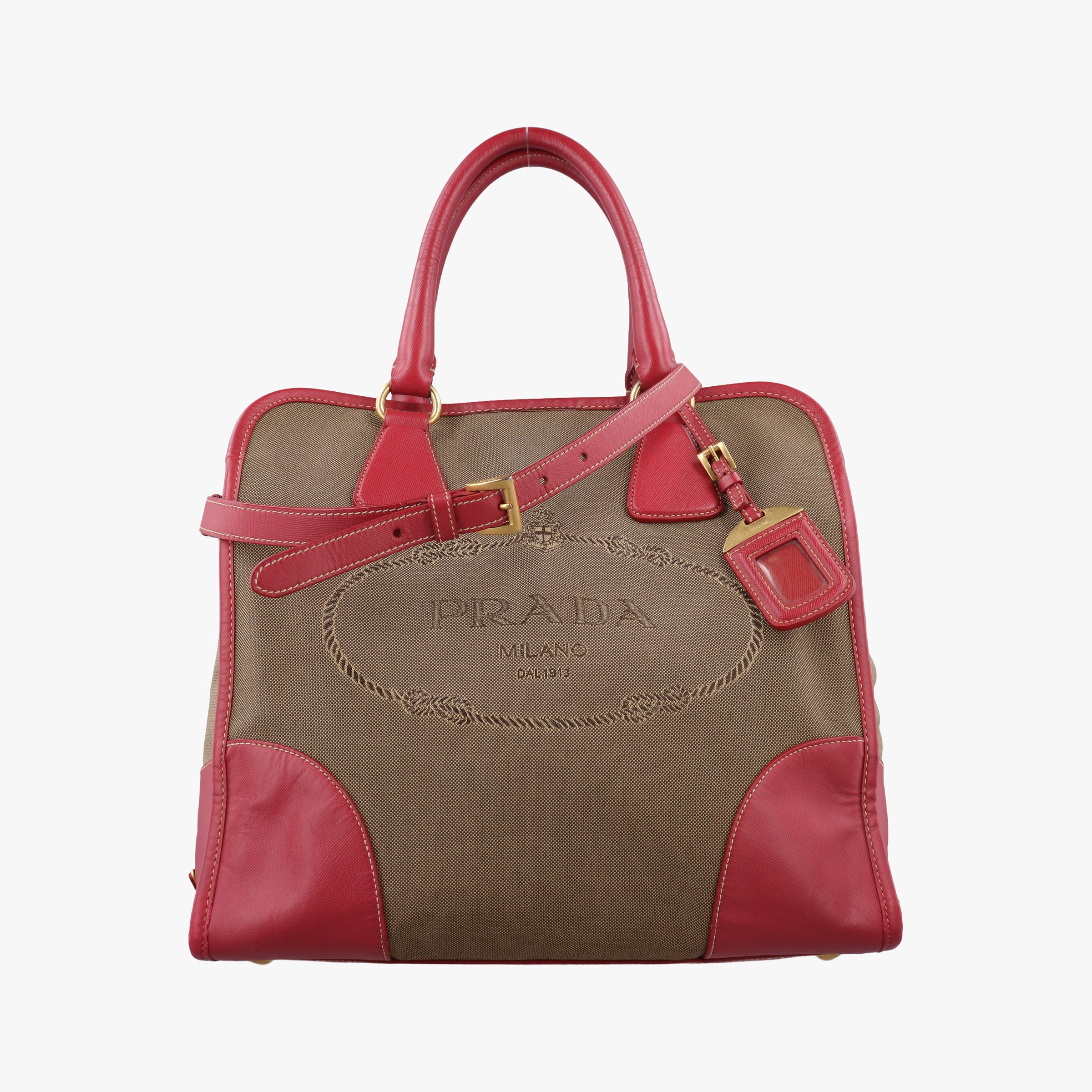Secondhand Prada logo jacquard Brown×Red Canvas × SAFFIANO Leather  shoulderbag | stylenewstar