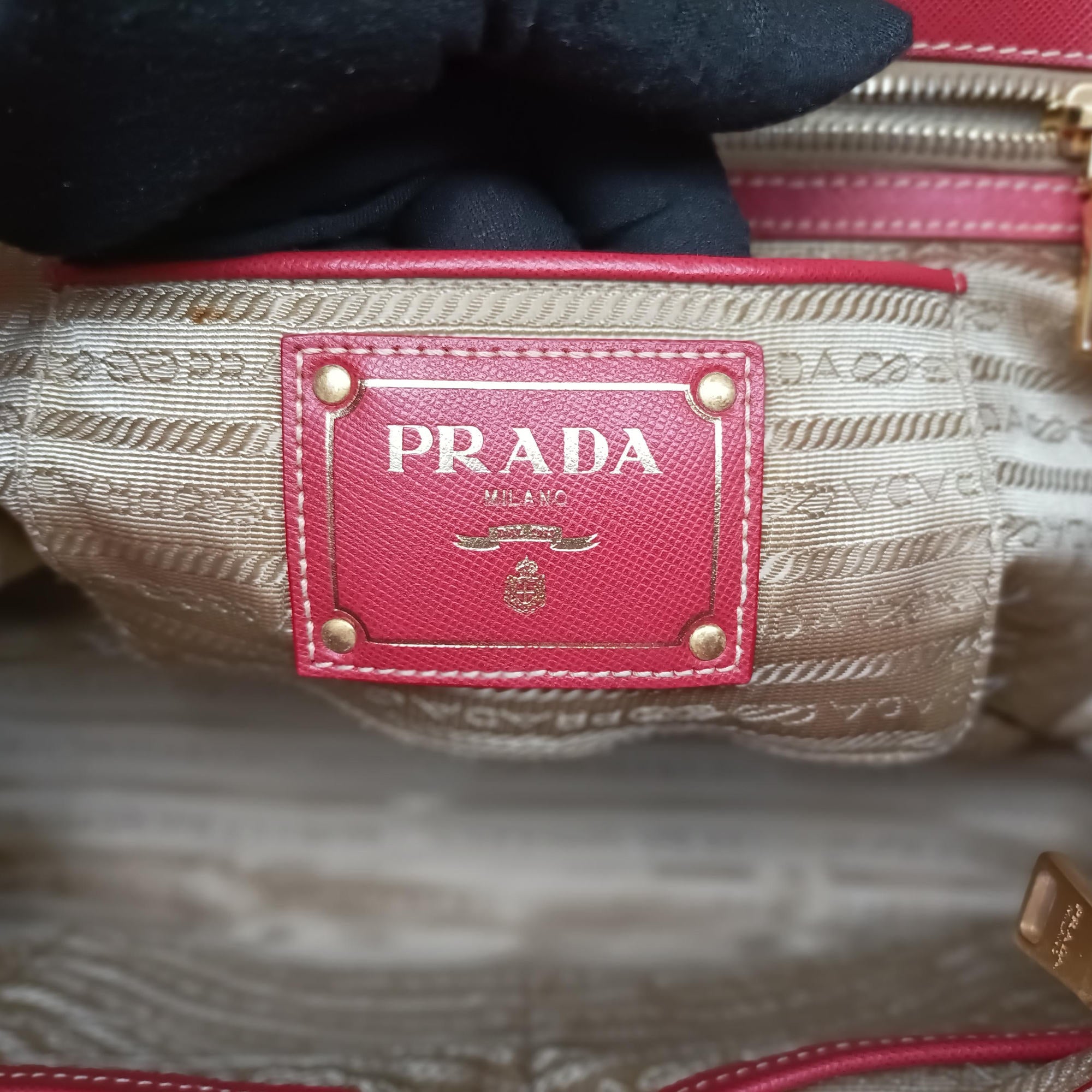 Secondhand Prada logo jacquard Brown×Red Canvas × SAFFIANO Leather  shoulderbag | stylenewstar