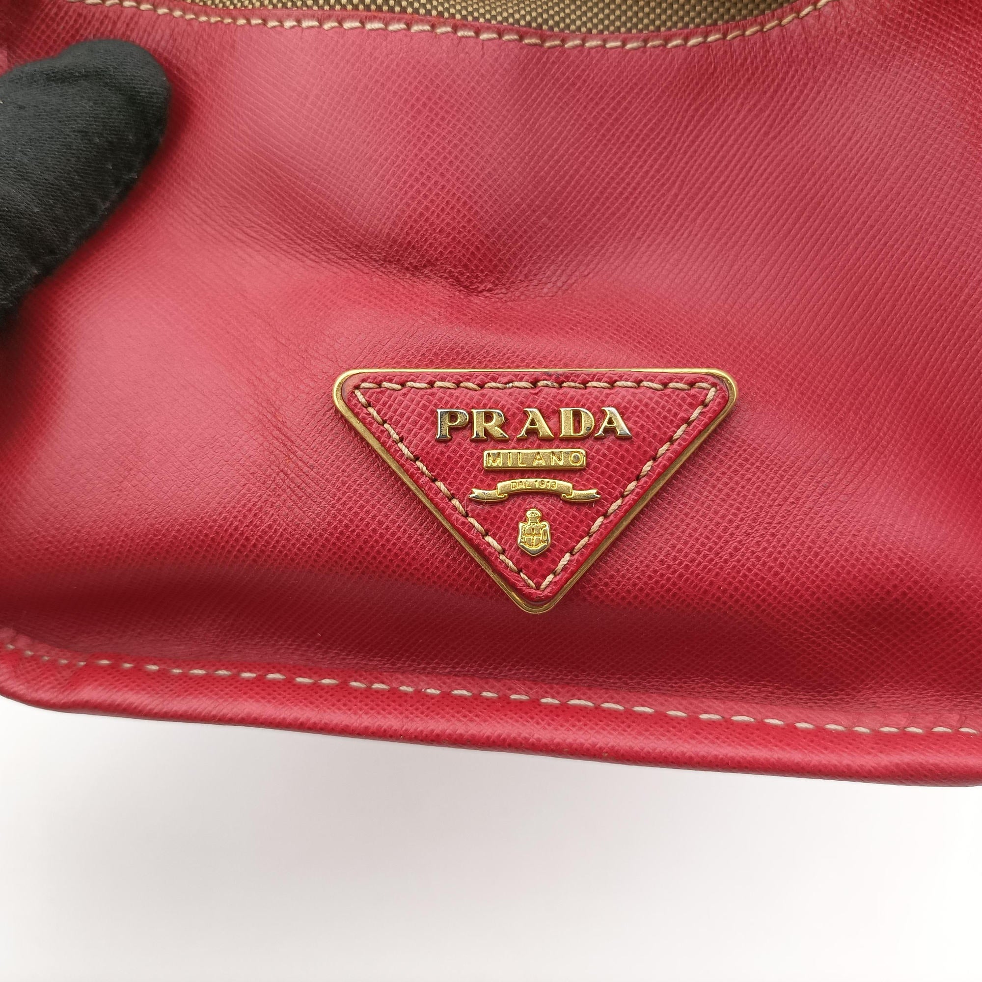 Secondhand Prada logo jacquard Brown×Red Canvas × SAFFIANO Leather  shoulderbag | stylenewstar