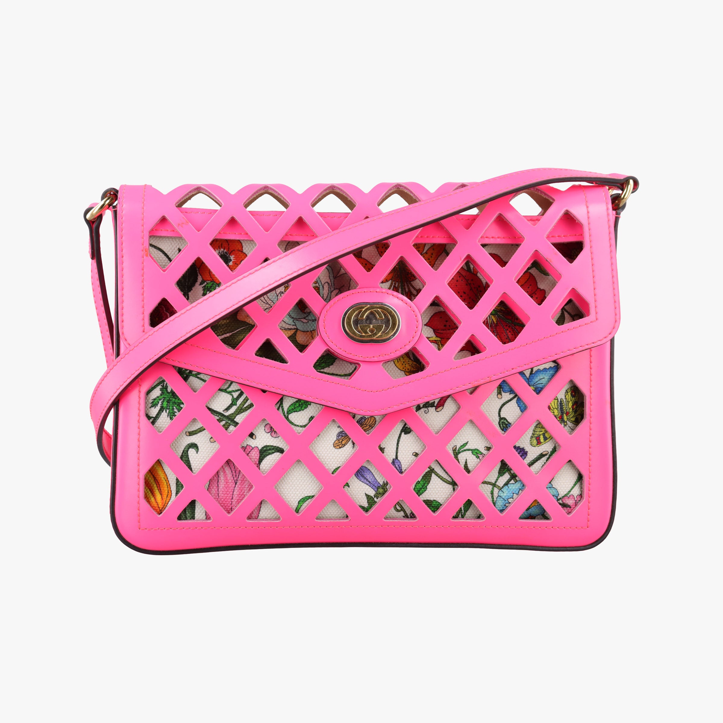 Pre-owned Gucci Cutout Floral Pink×multi Leather×canvas 550138 shoulderbag | stylenewstar