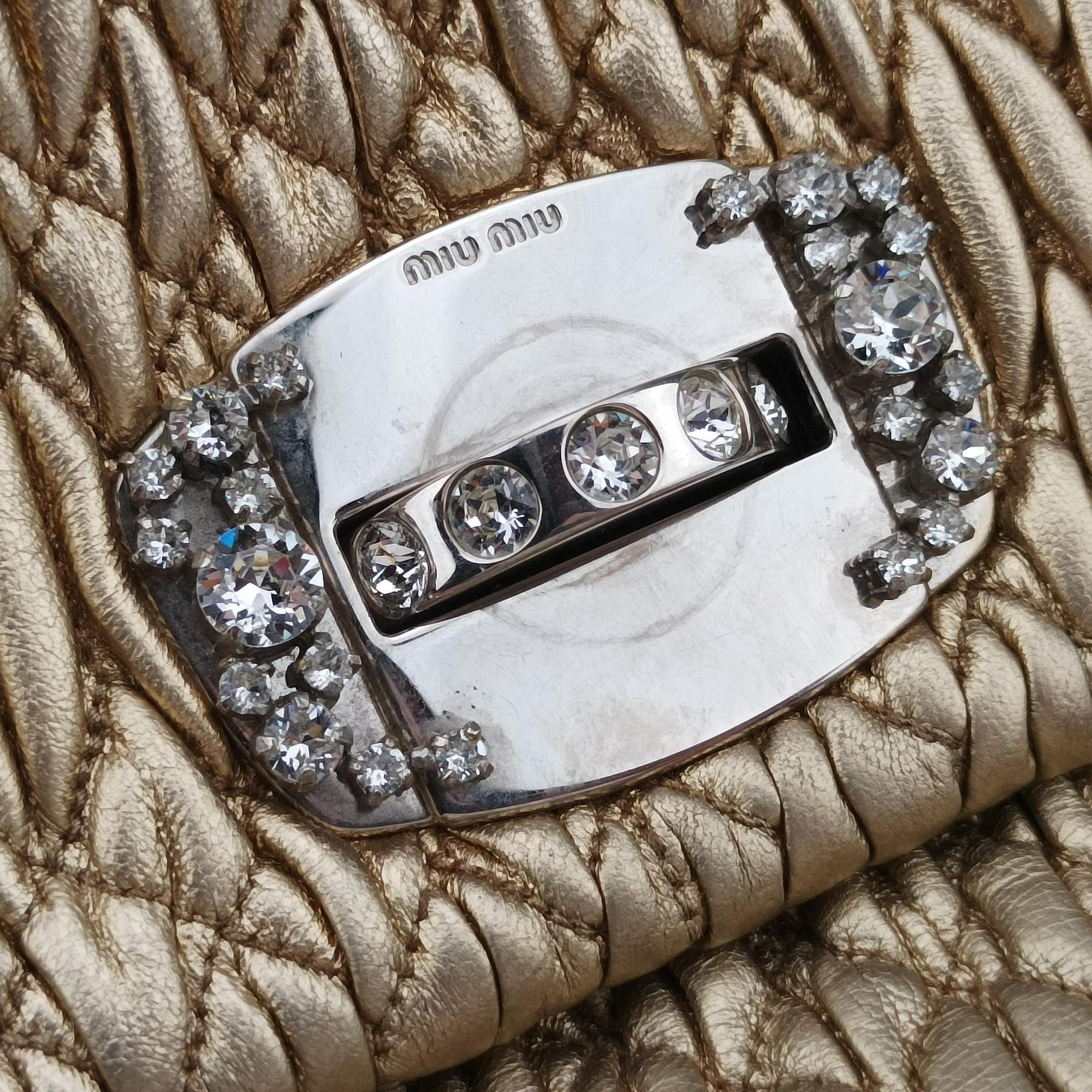 Vintage Miu Miu Iconic Crystal Cloque Golden Nappa Leather 5BD233 shoulderbag | stylenewstar