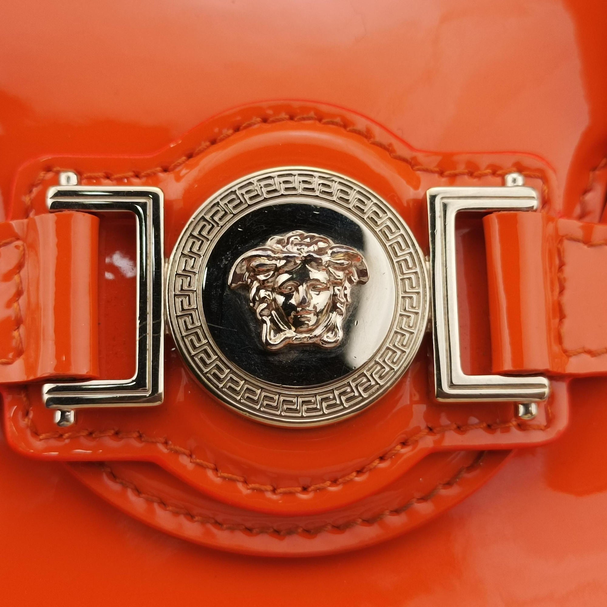 Pre-owned VERSACE La Medusa Orange patent  shoulderbag | stylenewstar