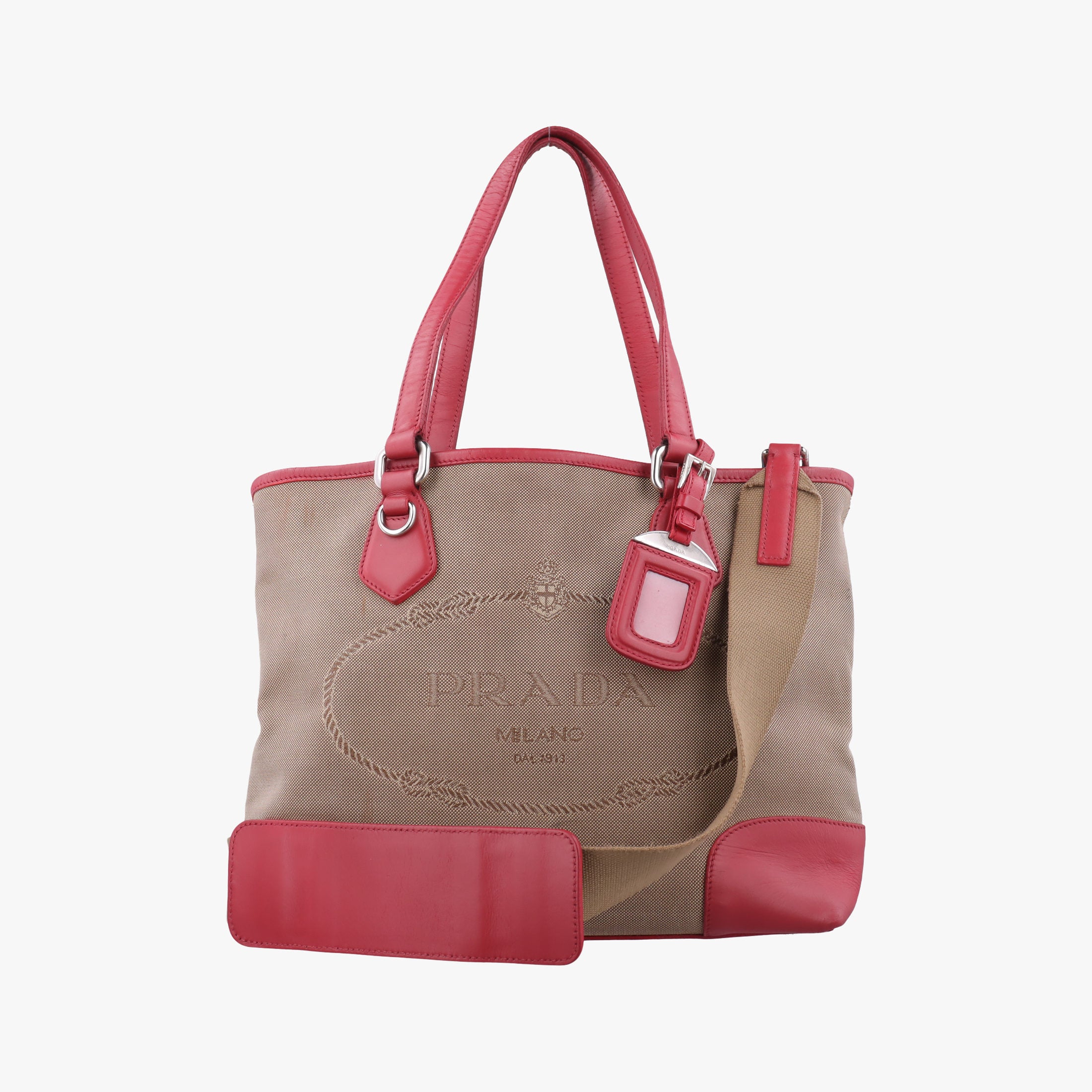 Pre-owned Prada logo jacquard khaki×red Fabric × leather  shoulderbag | stylenewstar
