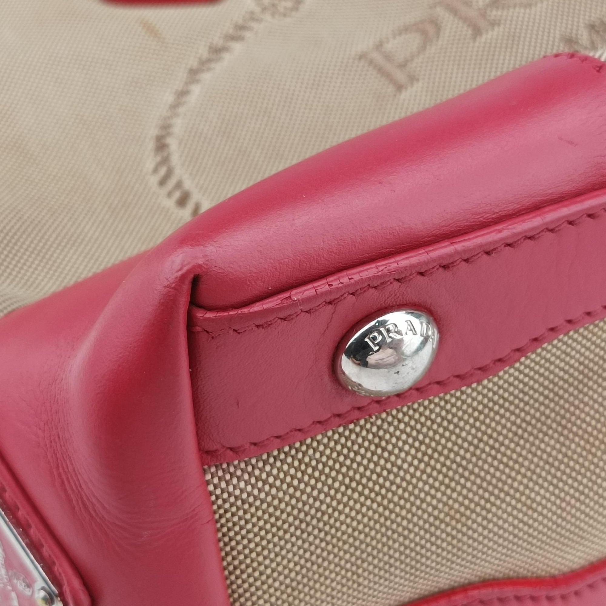 Pre-owned Prada logo jacquard khaki×red Fabric × leather  shoulderbag | stylenewstar