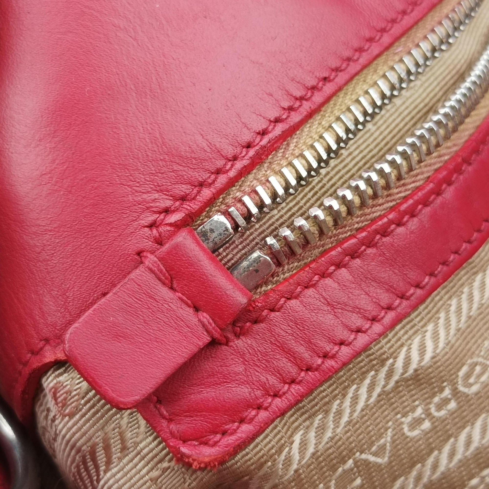 Pre-owned Prada logo jacquard khaki×red Fabric × leather  shoulderbag | stylenewstar
