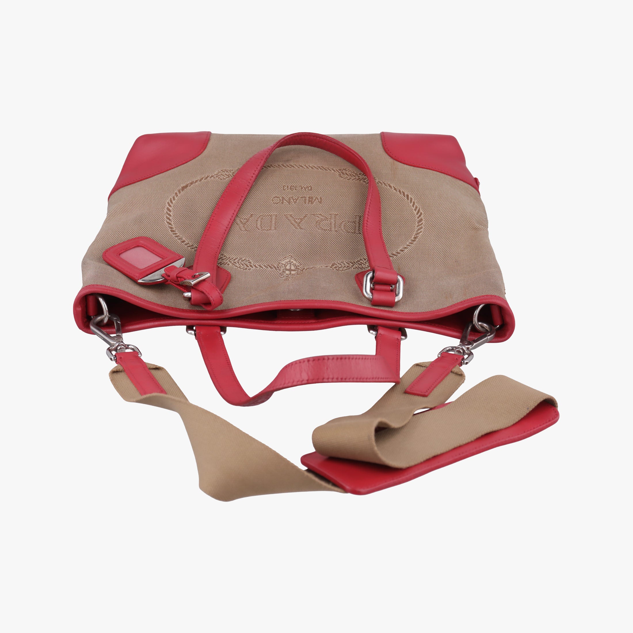 Pre-owned Prada logo jacquard khaki×red Fabric × leather  shoulderbag | stylenewstar