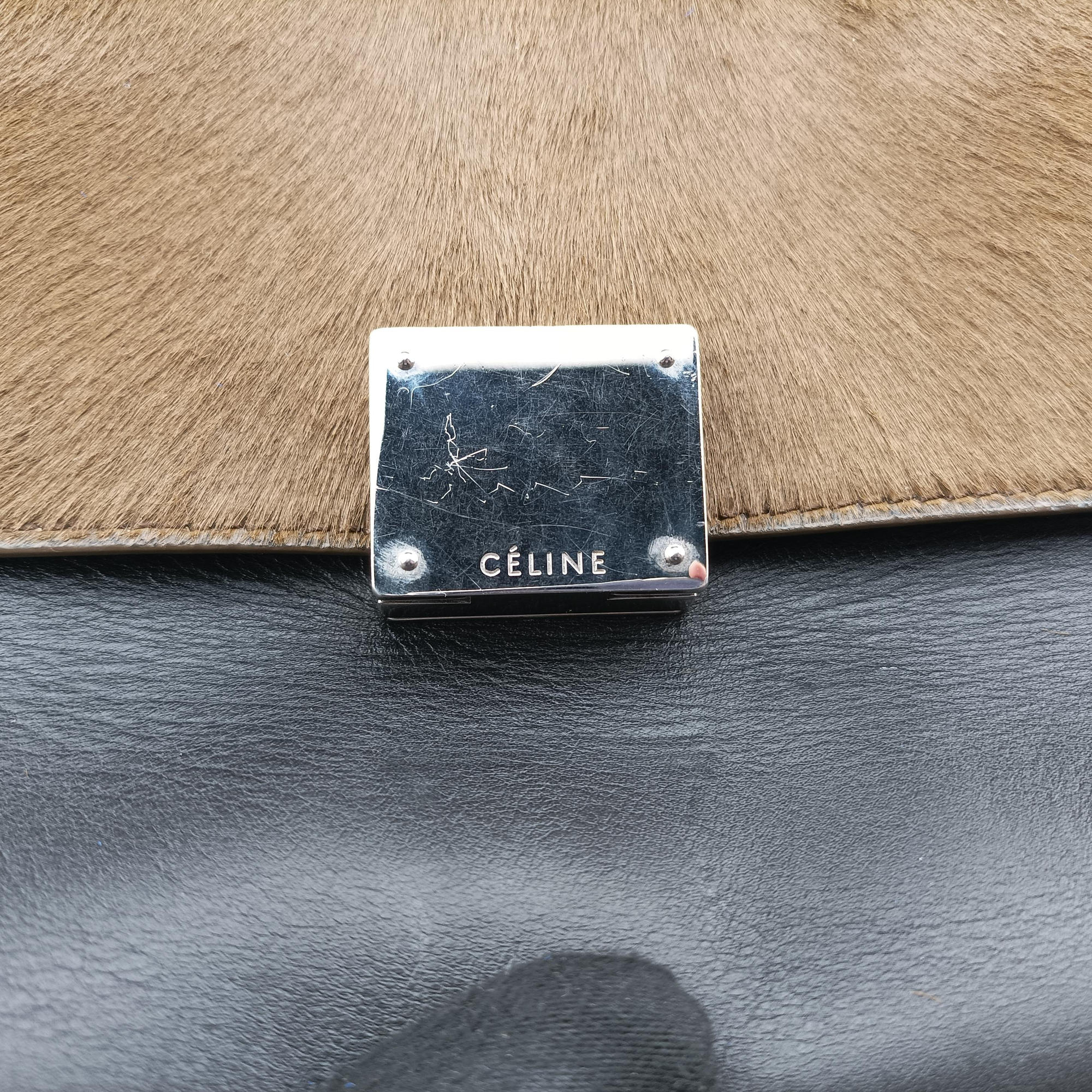 Pre-owned Celine Trapeze Black×Brown×Blue ponyhair  shoulderbag | stylenewstar