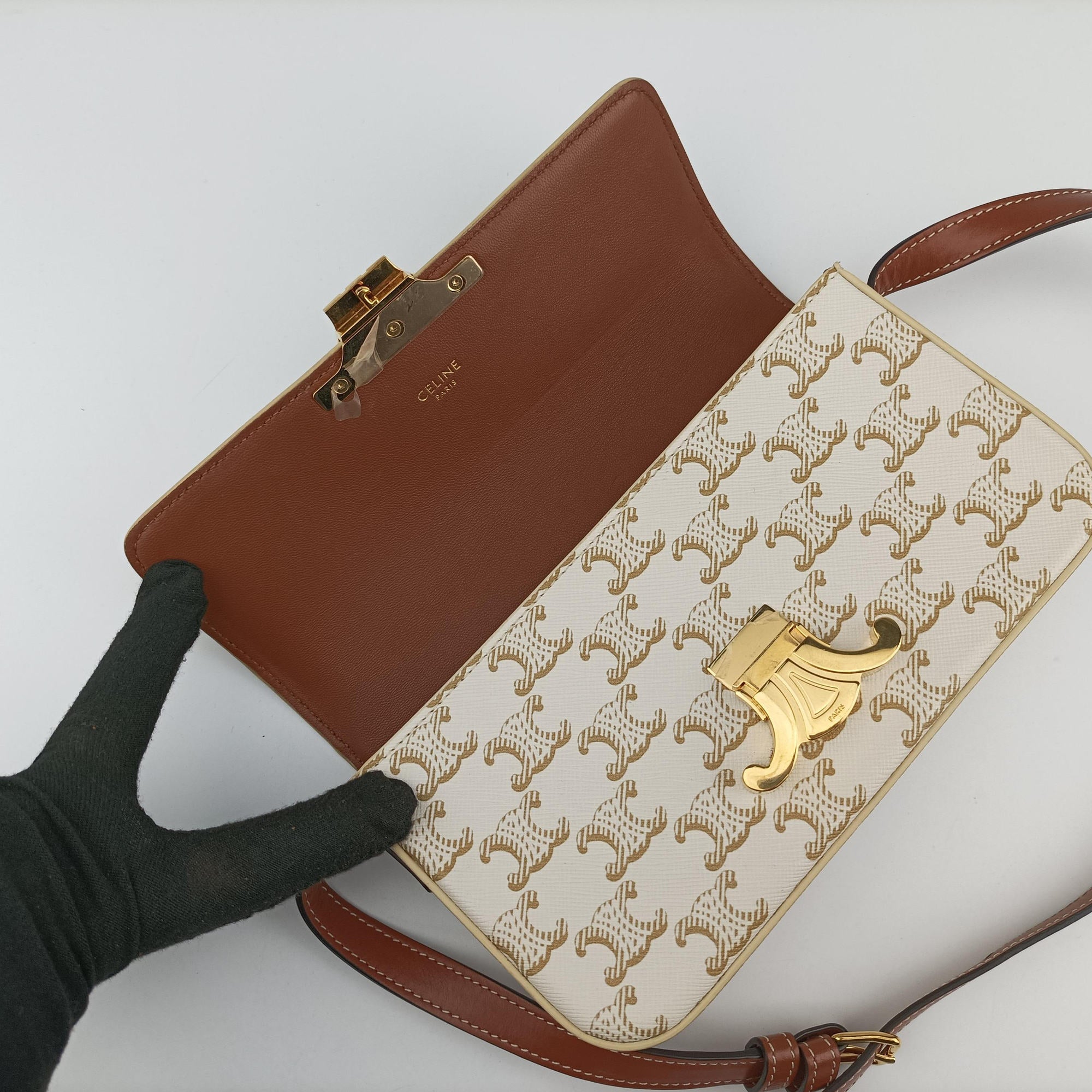Vintage Celine Claude Triomphe white x brown PVC coated canvas x Leather  shoulderbag | stylenewstar