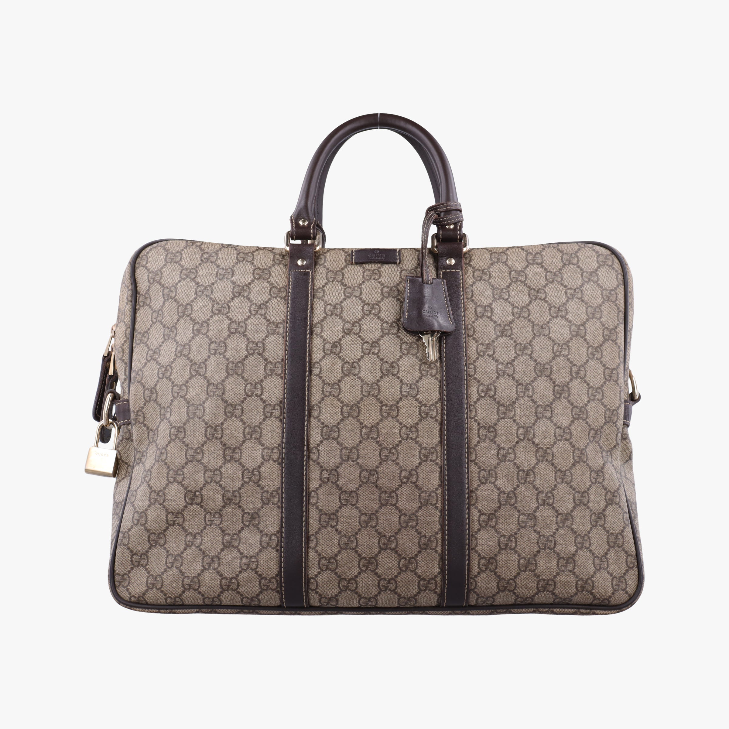 Pre-owned Gucci GG plus GG Supreme Briefcase Brown PVC coated canvasxLeather 201480 handbag | stylenewstar