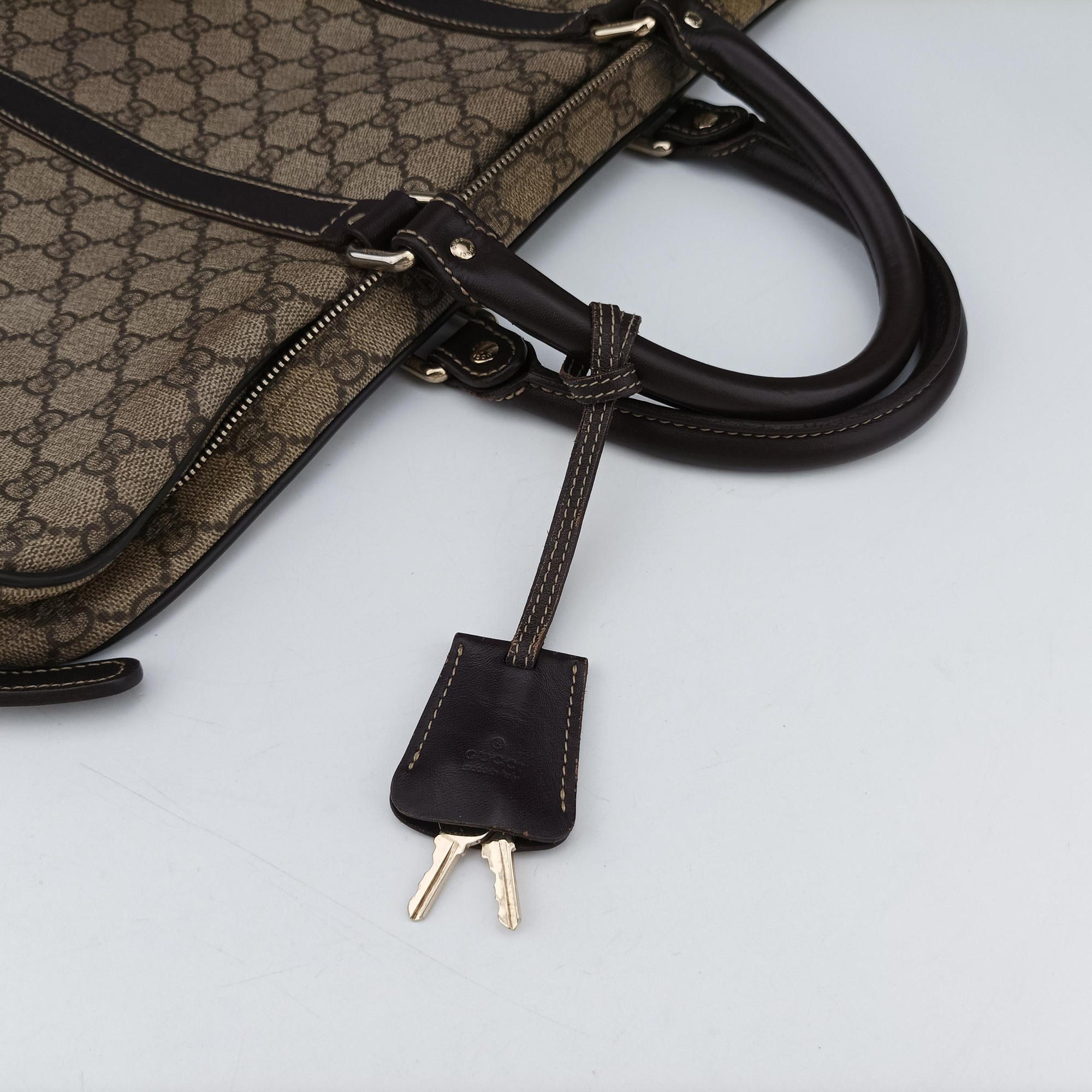 Pre-owned Gucci GG plus GG Supreme Briefcase Brown PVC coated canvasxLeather 201480 handbag | stylenewstar
