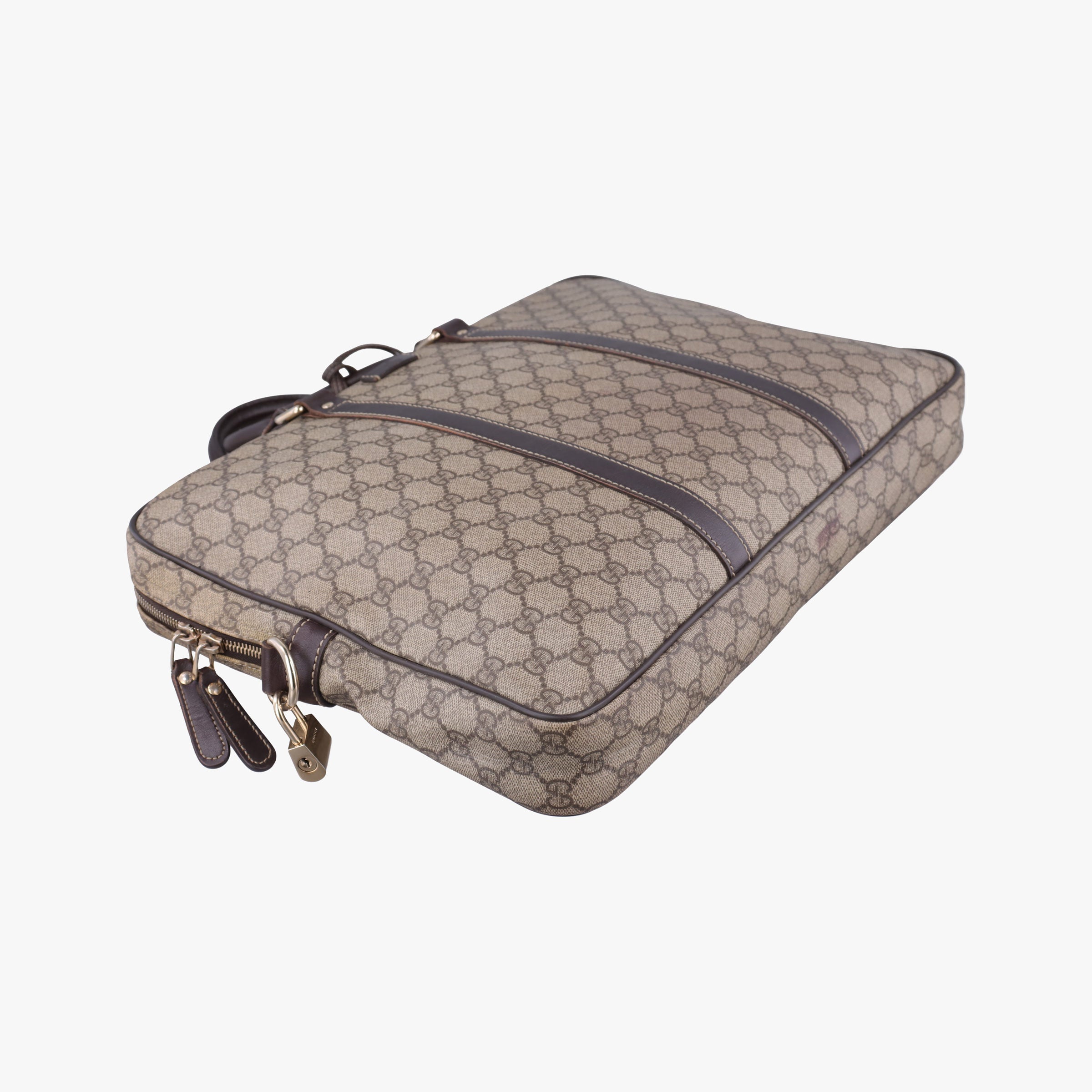 Pre-owned Gucci GG plus GG Supreme Briefcase Brown PVC coated canvasxLeather 201480 handbag | stylenewstar