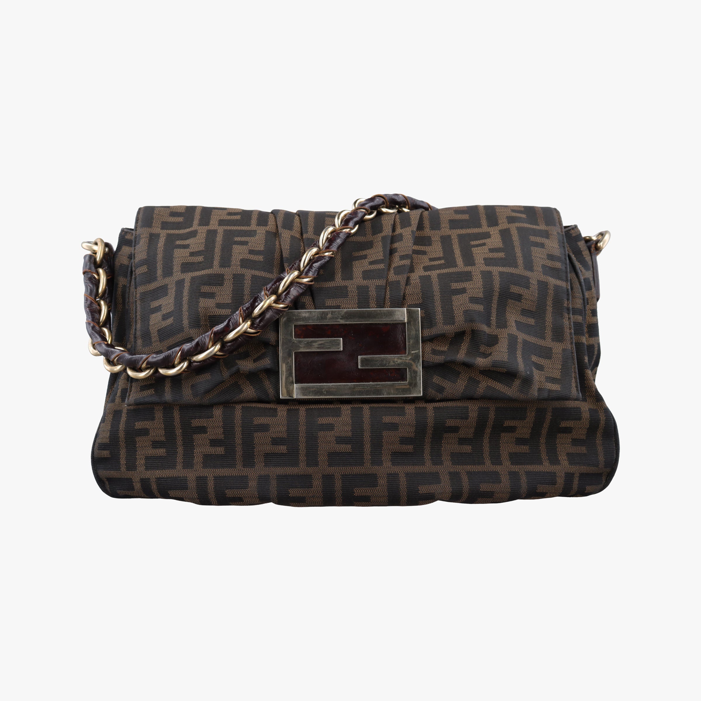 Pre-owned Fendi Mia Flap Brown Jacquard 8BT163 shoulderbag | stylenewstar