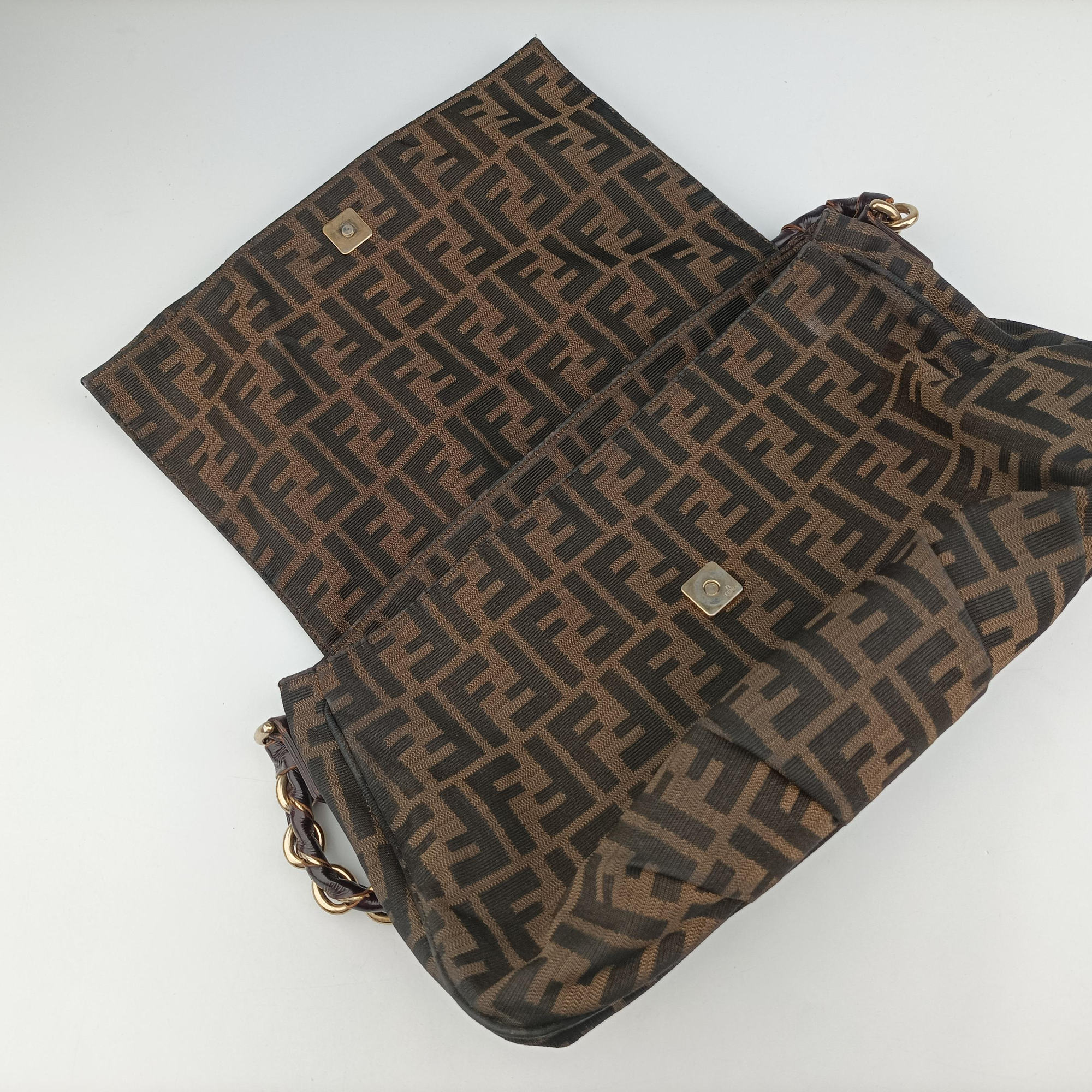 Pre-owned Fendi Mia Flap Brown Jacquard 8BT163 shoulderbag | stylenewstar