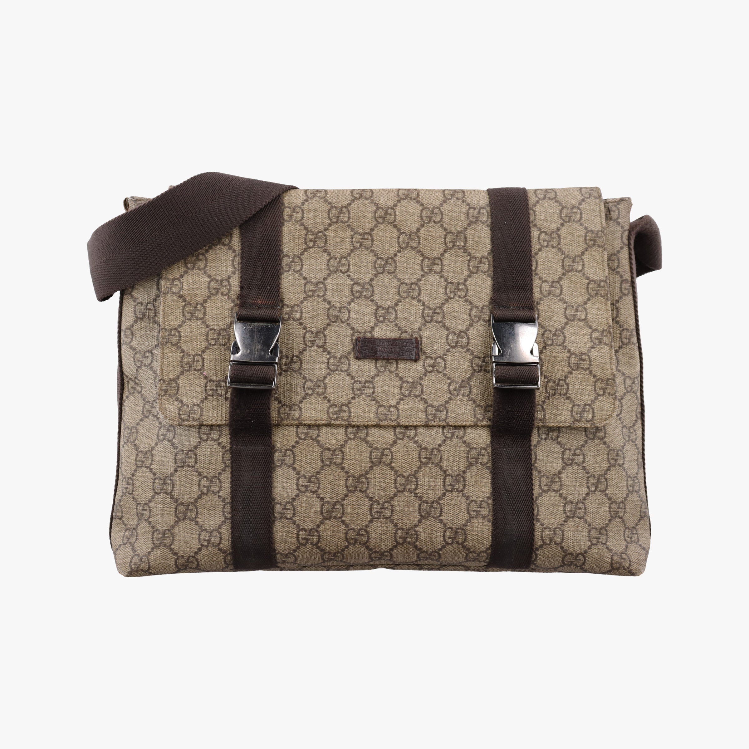 Secondhand Gucci GG Supreme Double Buckle Beige × Dark Brown PVC coated canvas 122373 214397 shoulderbag | stylenewstar