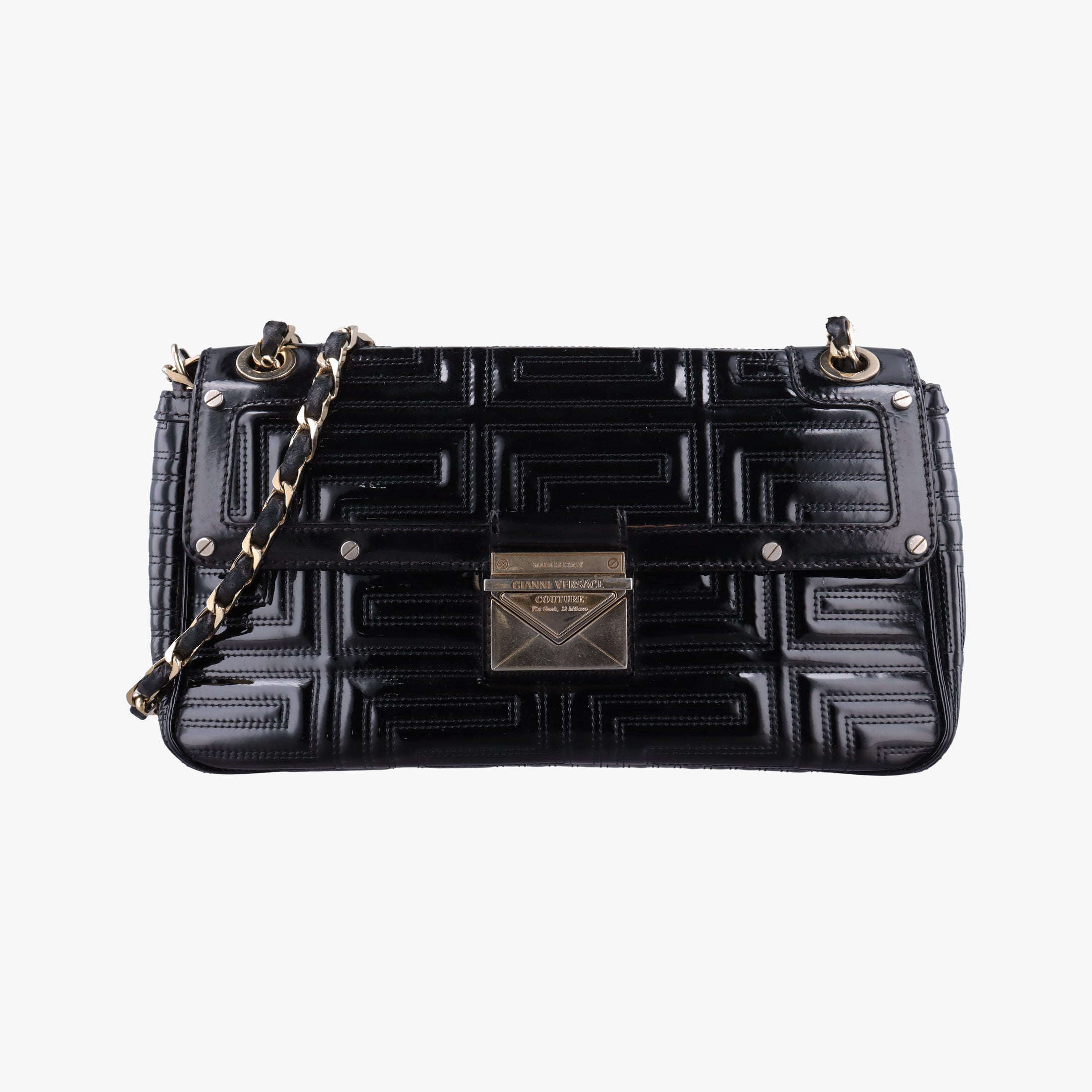 Pre-owned VERSACE back grain Black Patent Leather  shoulderbag | stylenewstar
