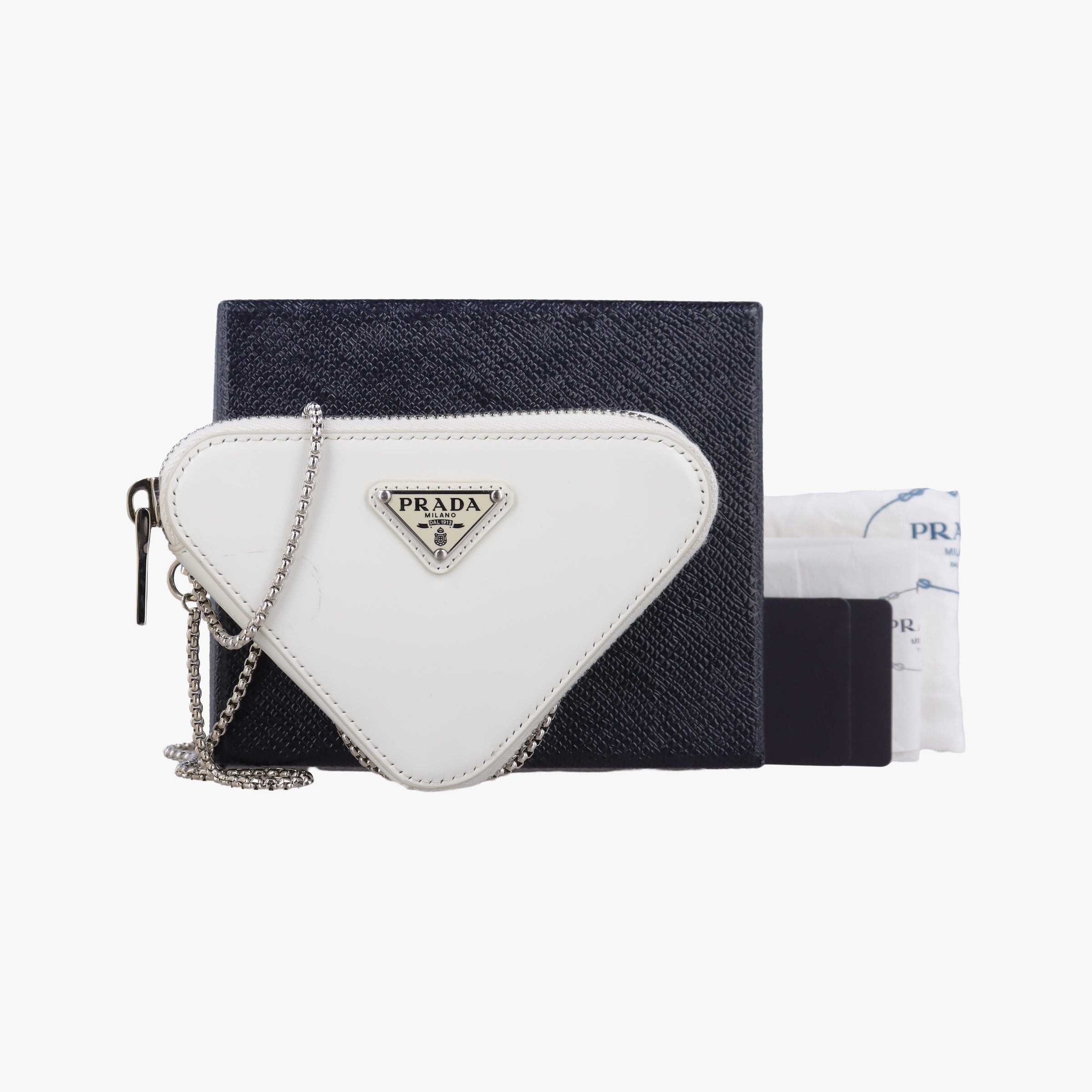 Pre-owned Prada Triangle Chain Pouch White Leather  shoulderbag | stylenewstar