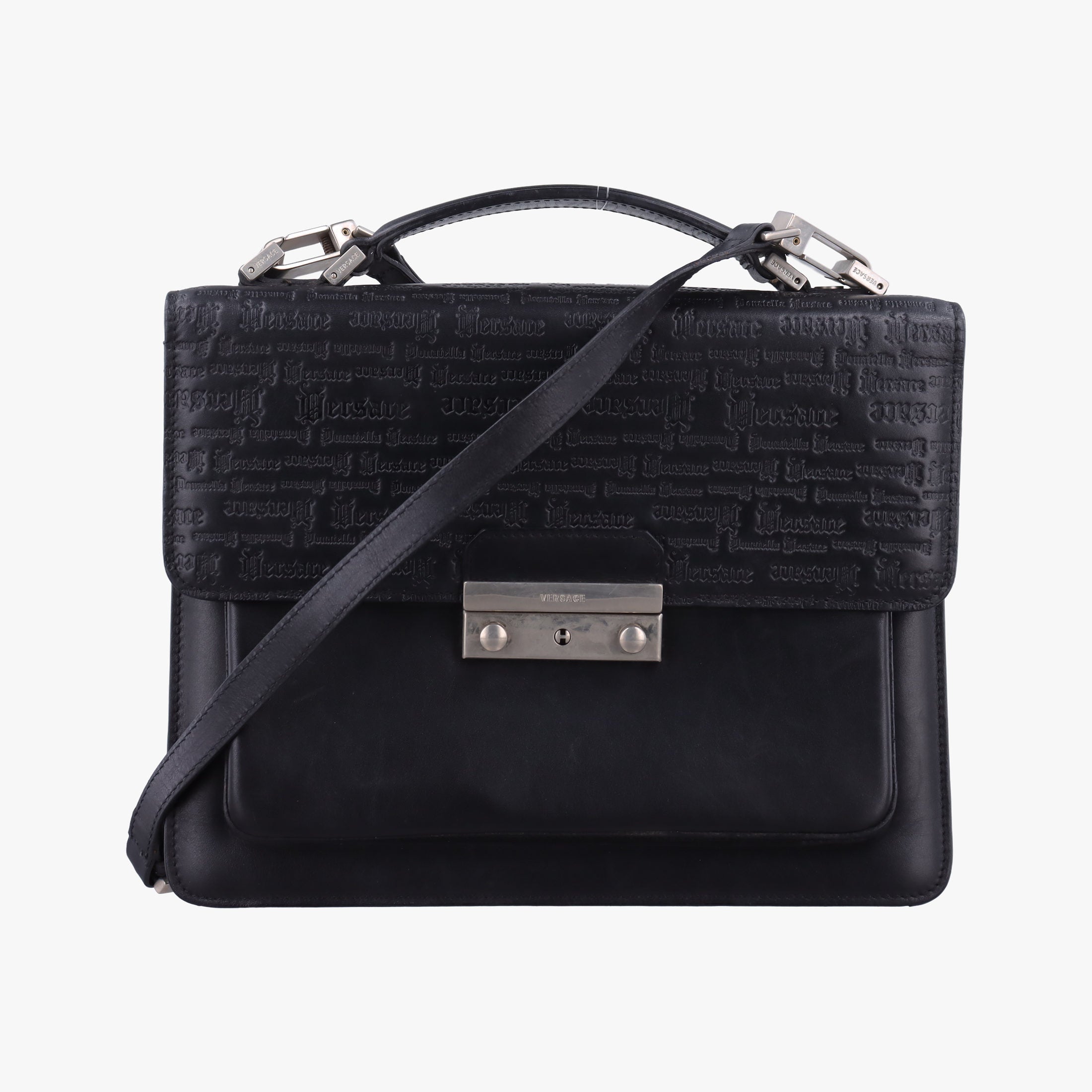 Pre-owned VERSACE Embossed Logo Top Handle Messenger Black Leather  shoulderbag | stylenewstar