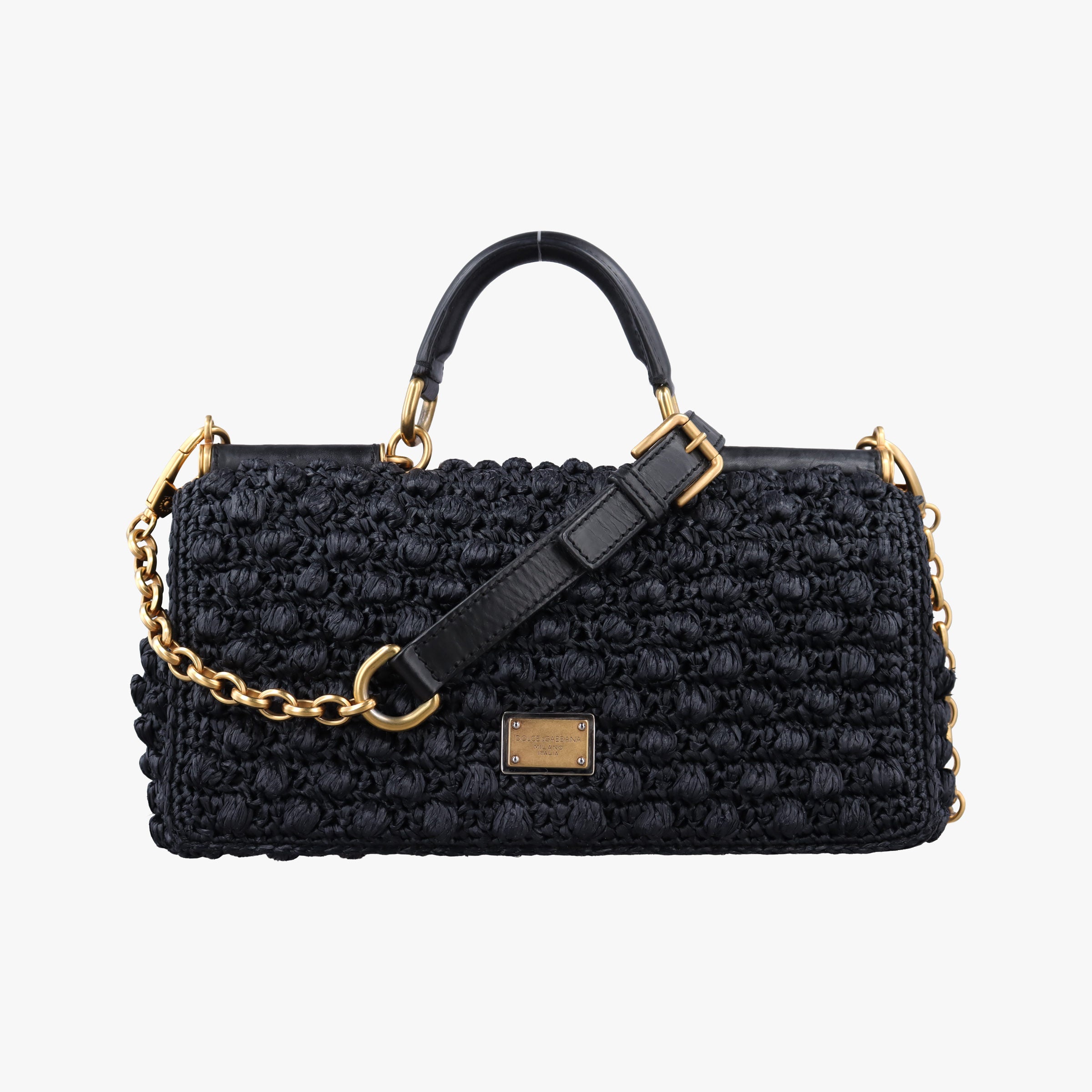 Pre-owned Dolce & Gabbana Sicily Black Crocheted raffia × calfskin   shoulderbag | stylenewstar