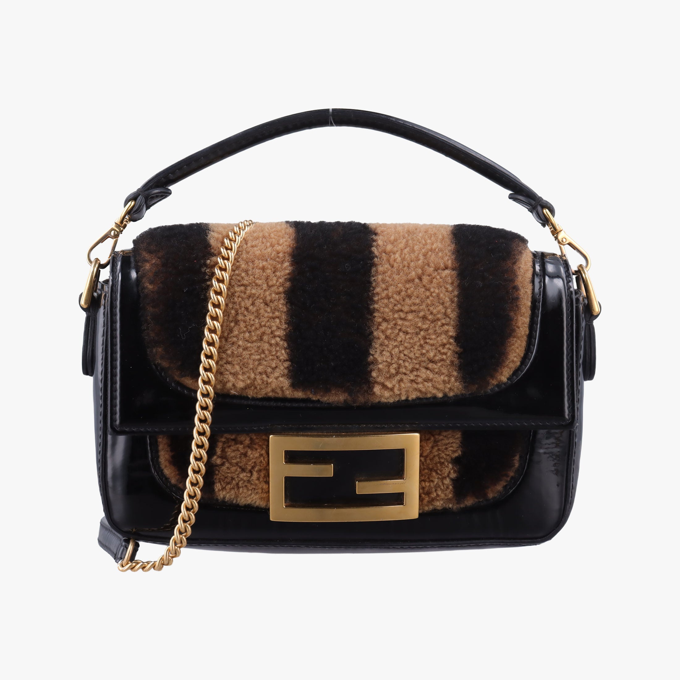 Pre-owned Fendi BAGUETTE Brown×Black fur×patent 8BS017 shoulderbag | stylenewstar