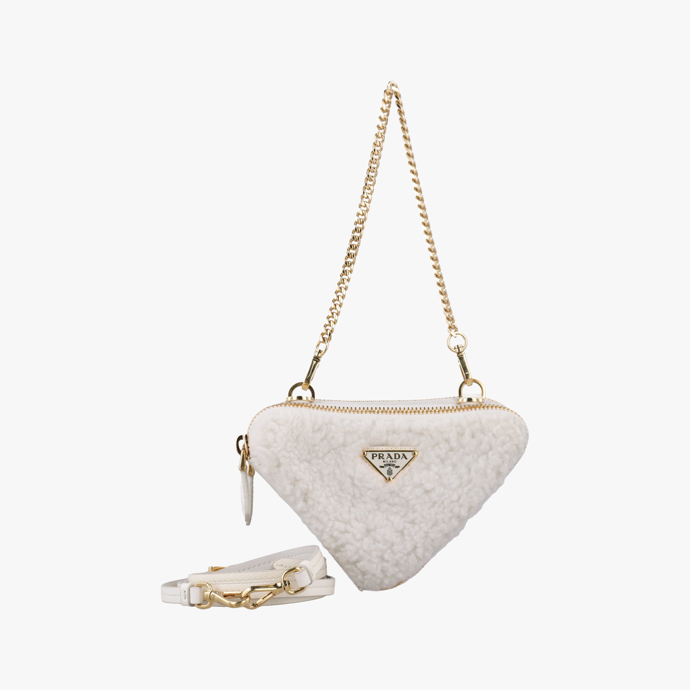 Pre-owned Prada Triangle White Fur×SAFFIANO Leather 1NR015 shoulderbag | stylenewstar