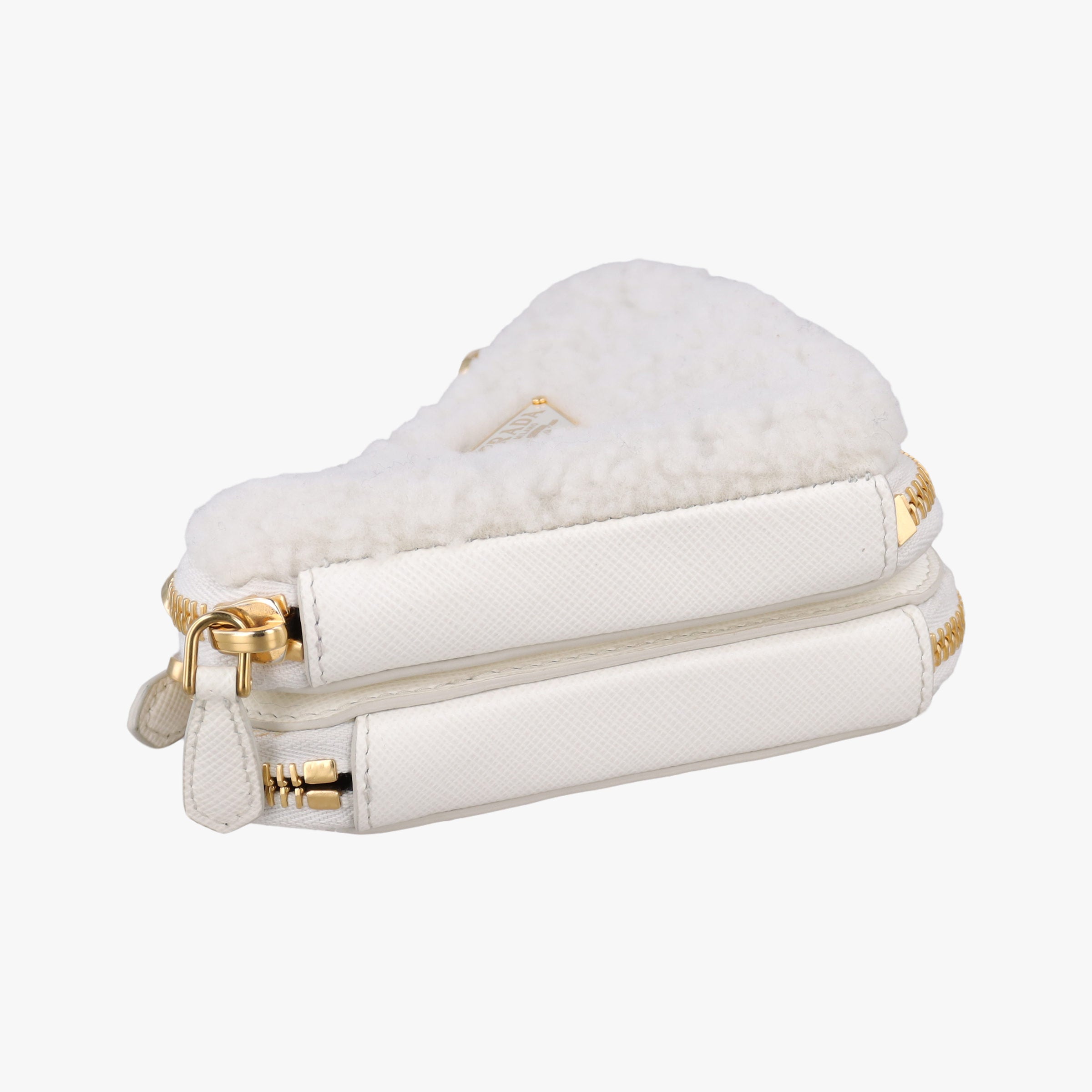 Pre-owned Prada Triangle White Fur×SAFFIANO Leather 1NR015 shoulderbag | stylenewstar