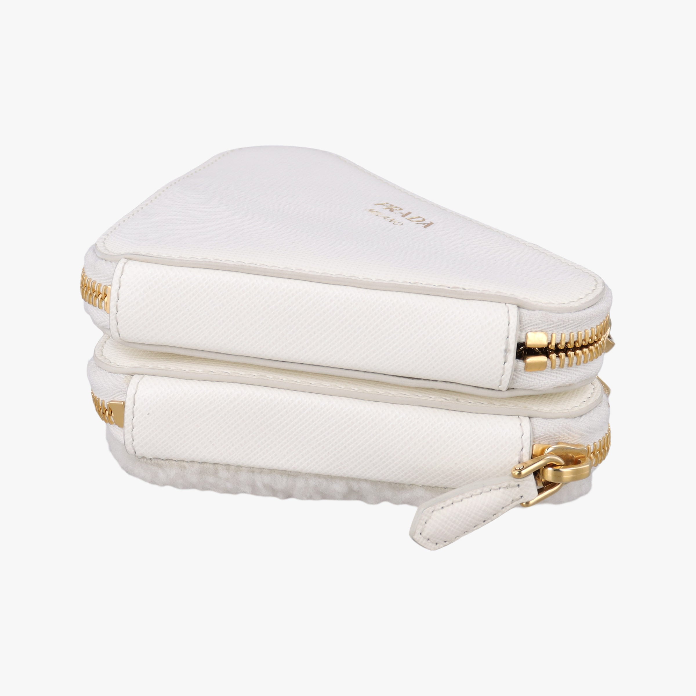 Pre-owned Prada Triangle White Fur×SAFFIANO Leather 1NR015 shoulderbag | stylenewstar