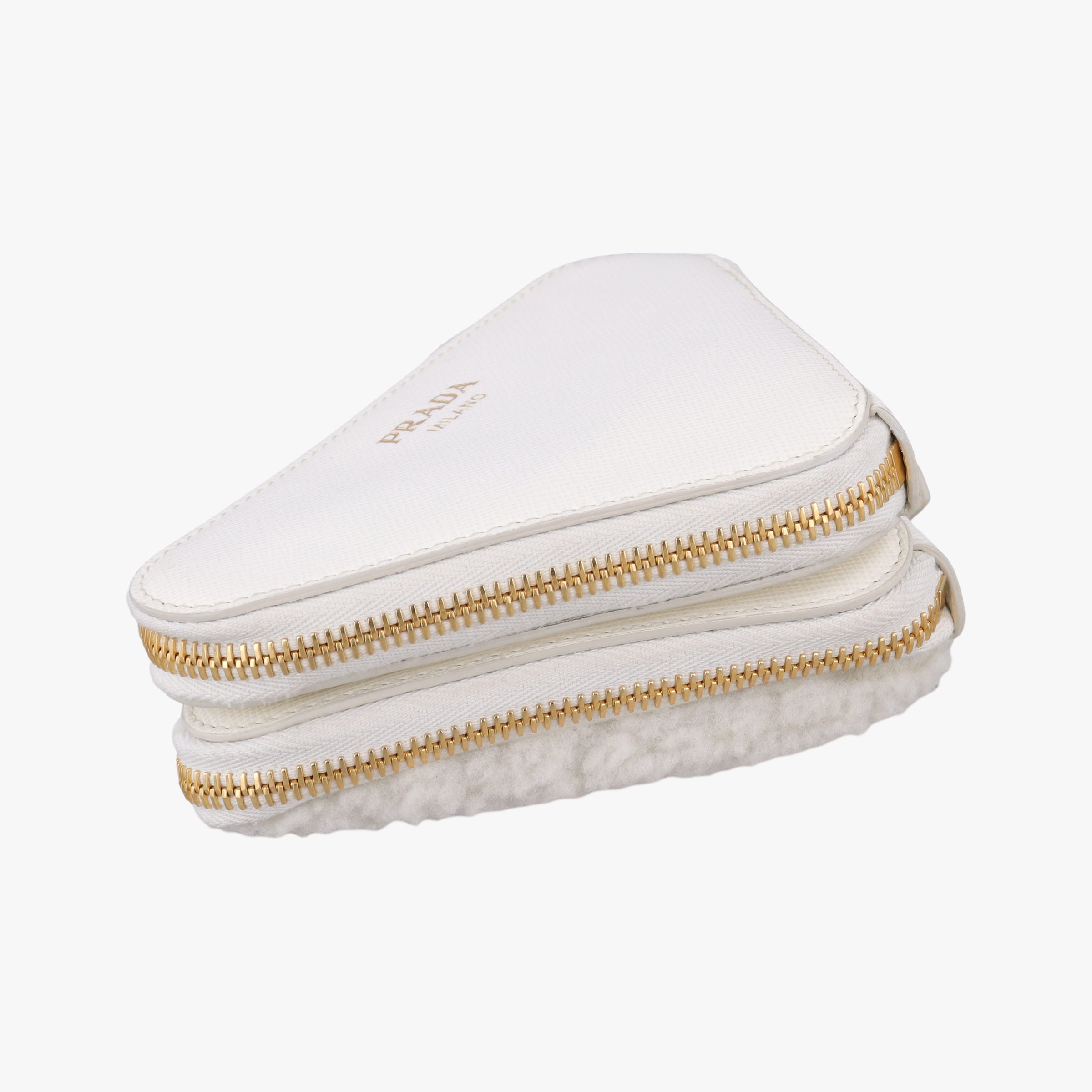 Pre-owned Prada Triangle White Fur×SAFFIANO Leather 1NR015 shoulderbag | stylenewstar