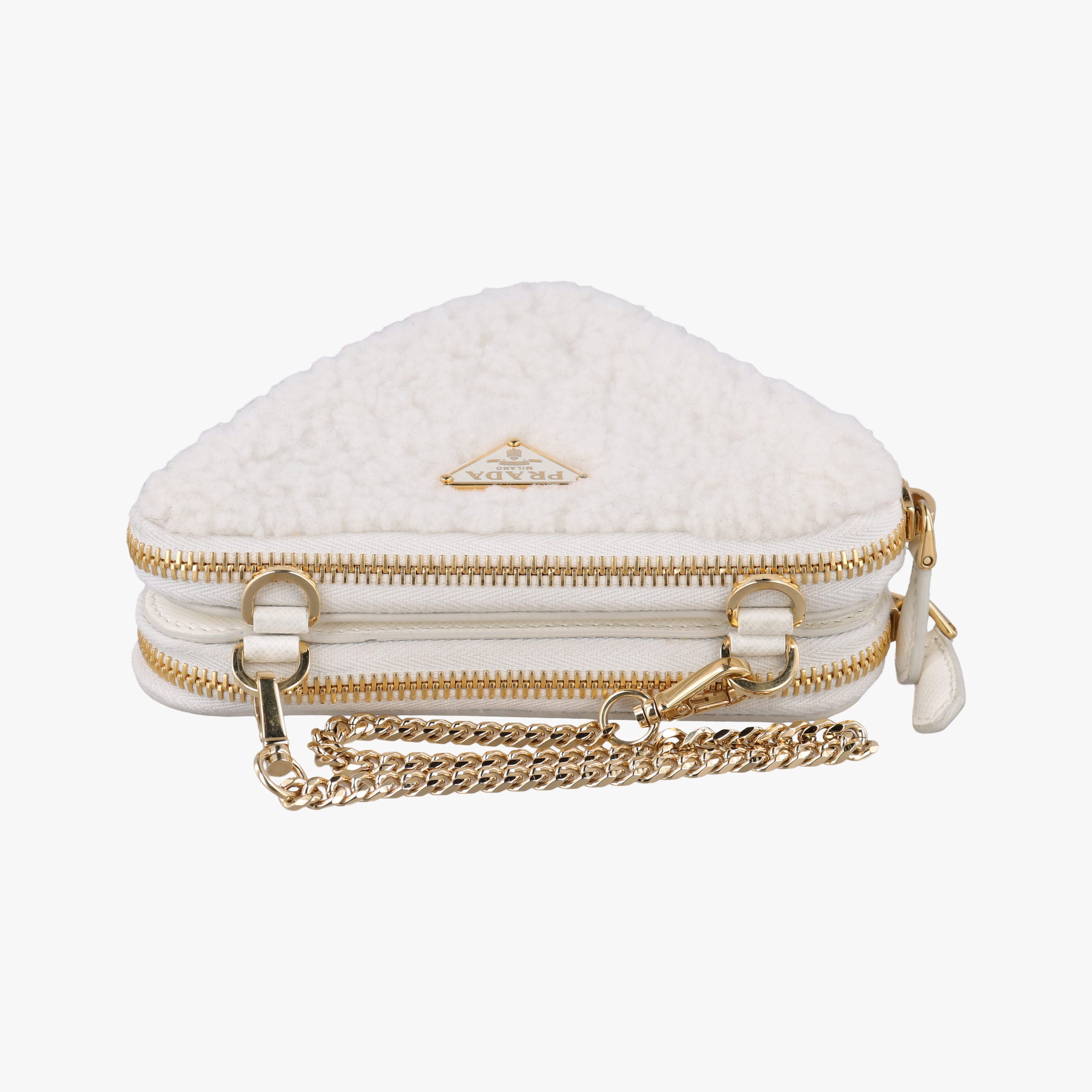 Pre-owned Prada Triangle White Fur×SAFFIANO Leather 1NR015 shoulderbag | stylenewstar