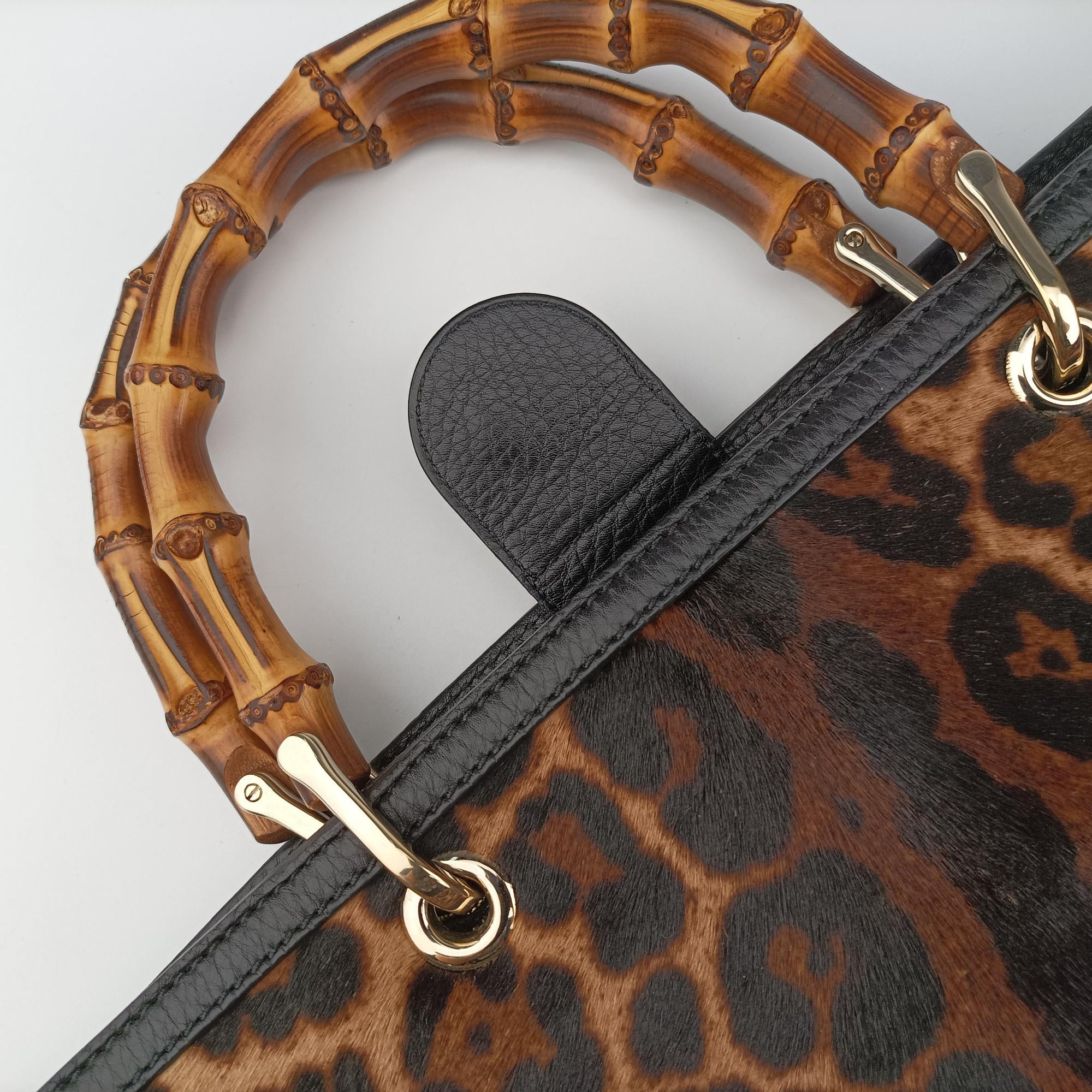 Pre-owned Gucci bamboo shopper Leopard Print Brown×Multicolour ponyhair×leather 323658 shoulderbag | stylenewstar