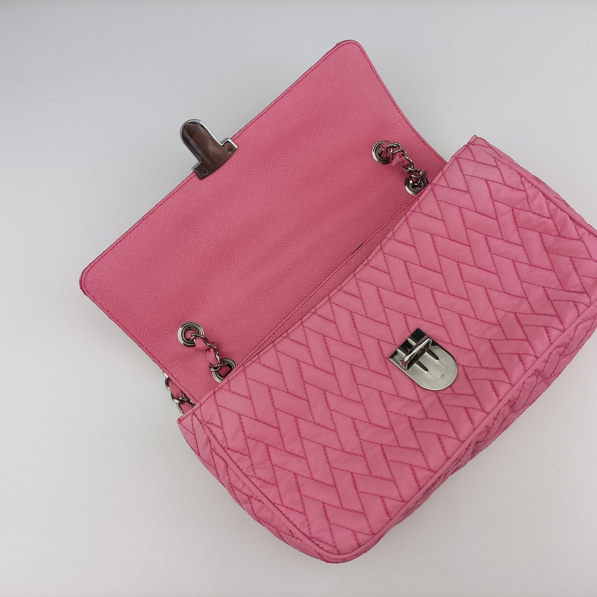 Pre-owned Prada Tessuto Impunture Push Lock Opale nylon 1BD038 shoulderbag | stylenewstar