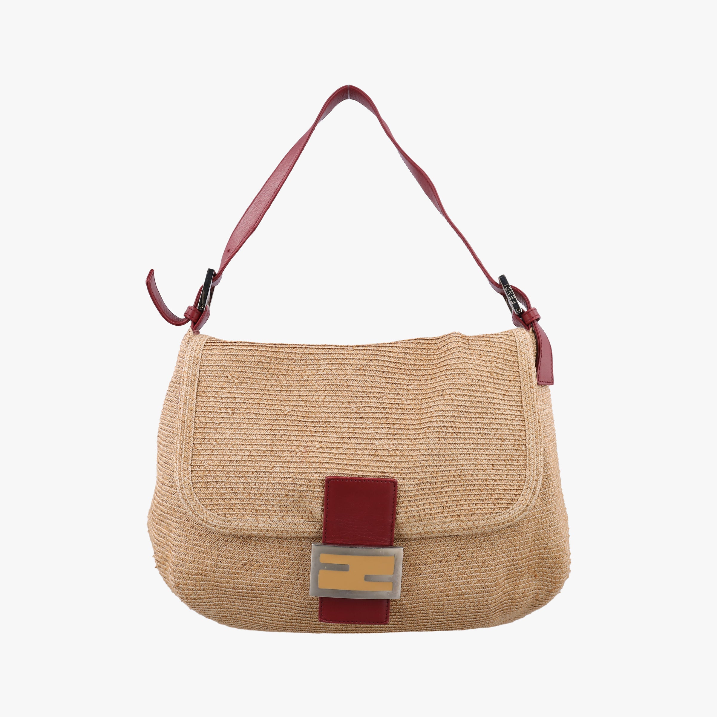 Vintage Fendi Mamma Baguette Beige × Burgundy Raffia × Leather 8BR001 shoulderbag | stylenewstar