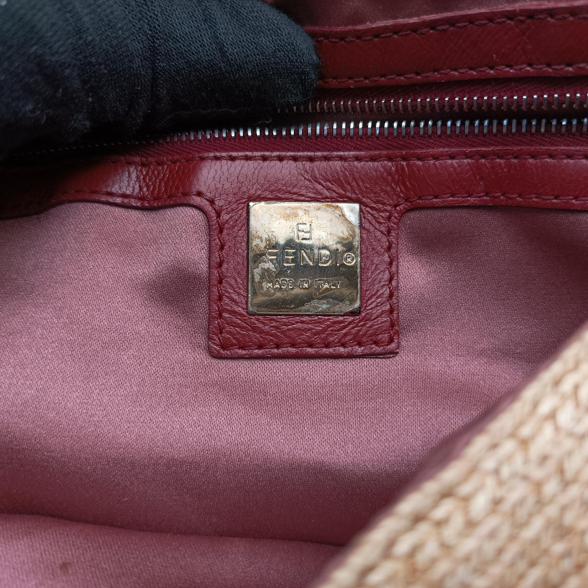 Vintage Fendi Mamma Baguette Beige × Burgundy Raffia × Leather 8BR001 shoulderbag | stylenewstar