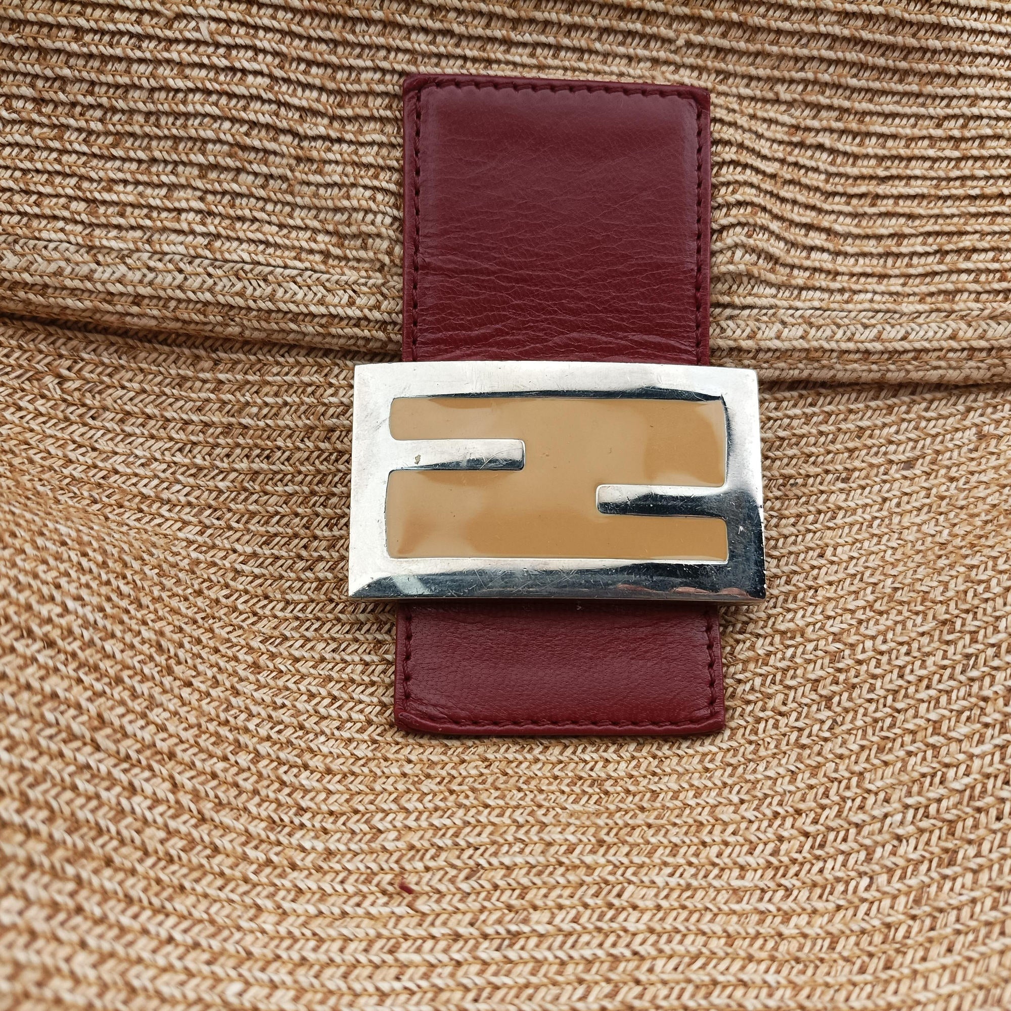 Vintage Fendi Mamma Baguette Beige × Burgundy Raffia × Leather 8BR001 shoulderbag | stylenewstar