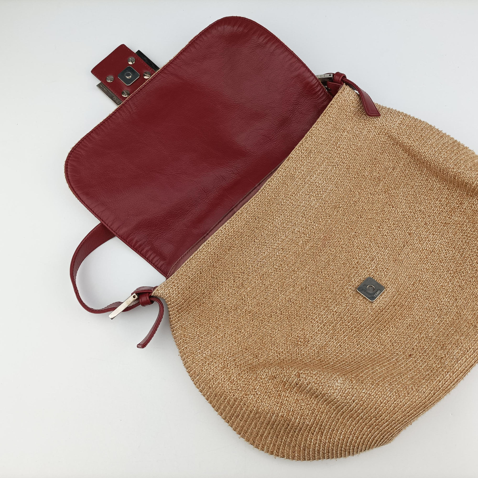 Vintage Fendi Mamma Baguette Beige × Burgundy Raffia × Leather 8BR001 shoulderbag | stylenewstar