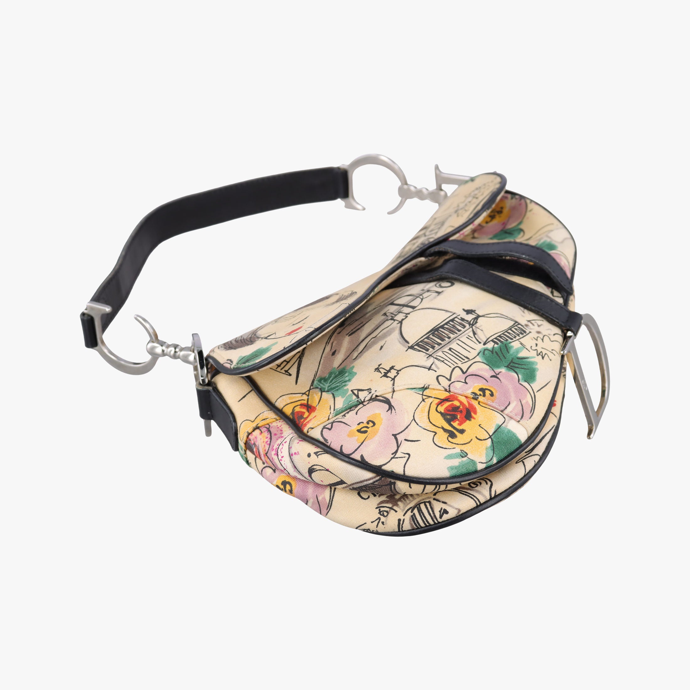 Pre-owned Christian Dior Paris '50s Motif Print Saddle Bag Beige × Multicolor Canvas × Leather  shoulderbag | stylenewstar