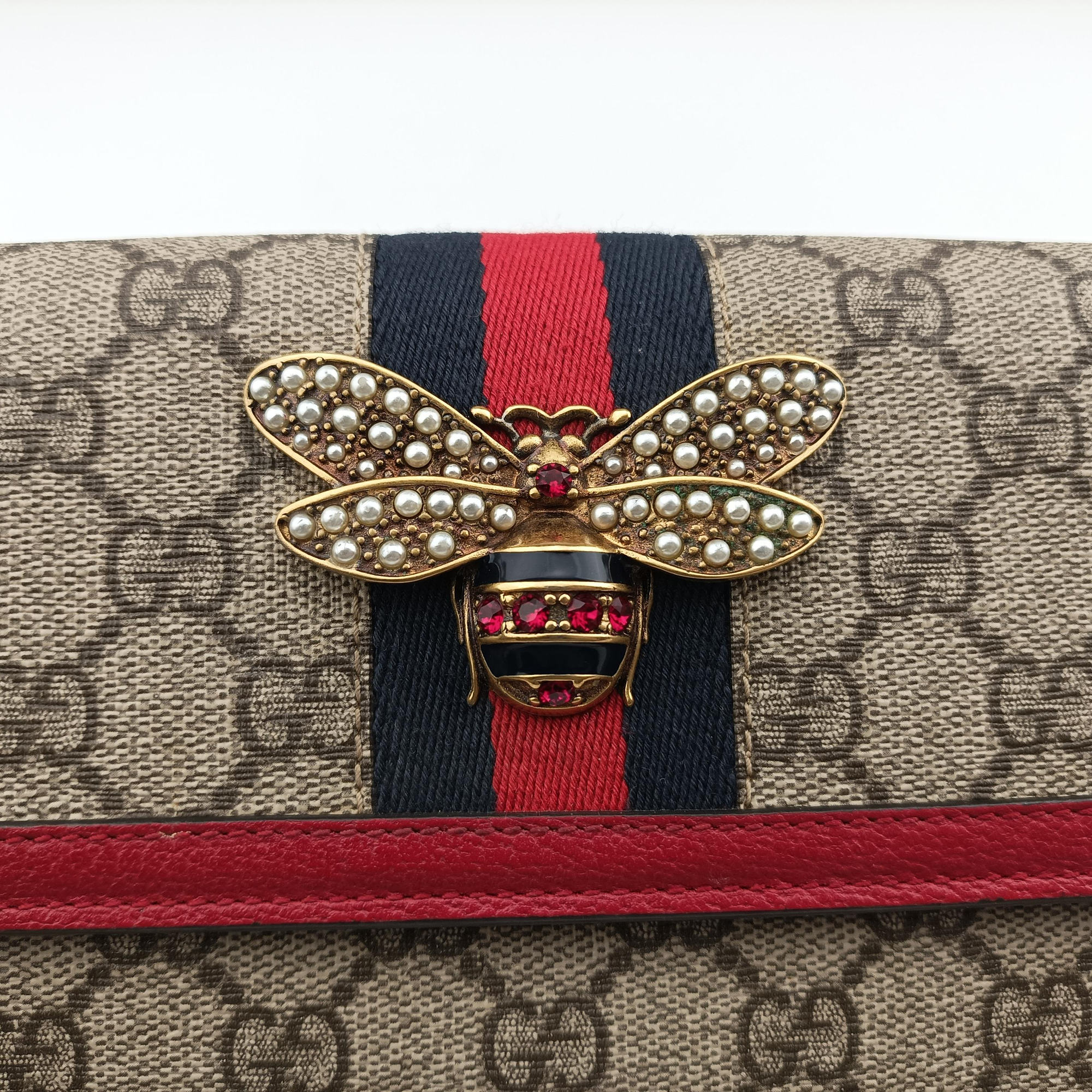 Pre-owned Gucci Queen Margaret Beige×Red×Navy PVC coated canvas×leather 476079 shoulderbag | stylenewstar