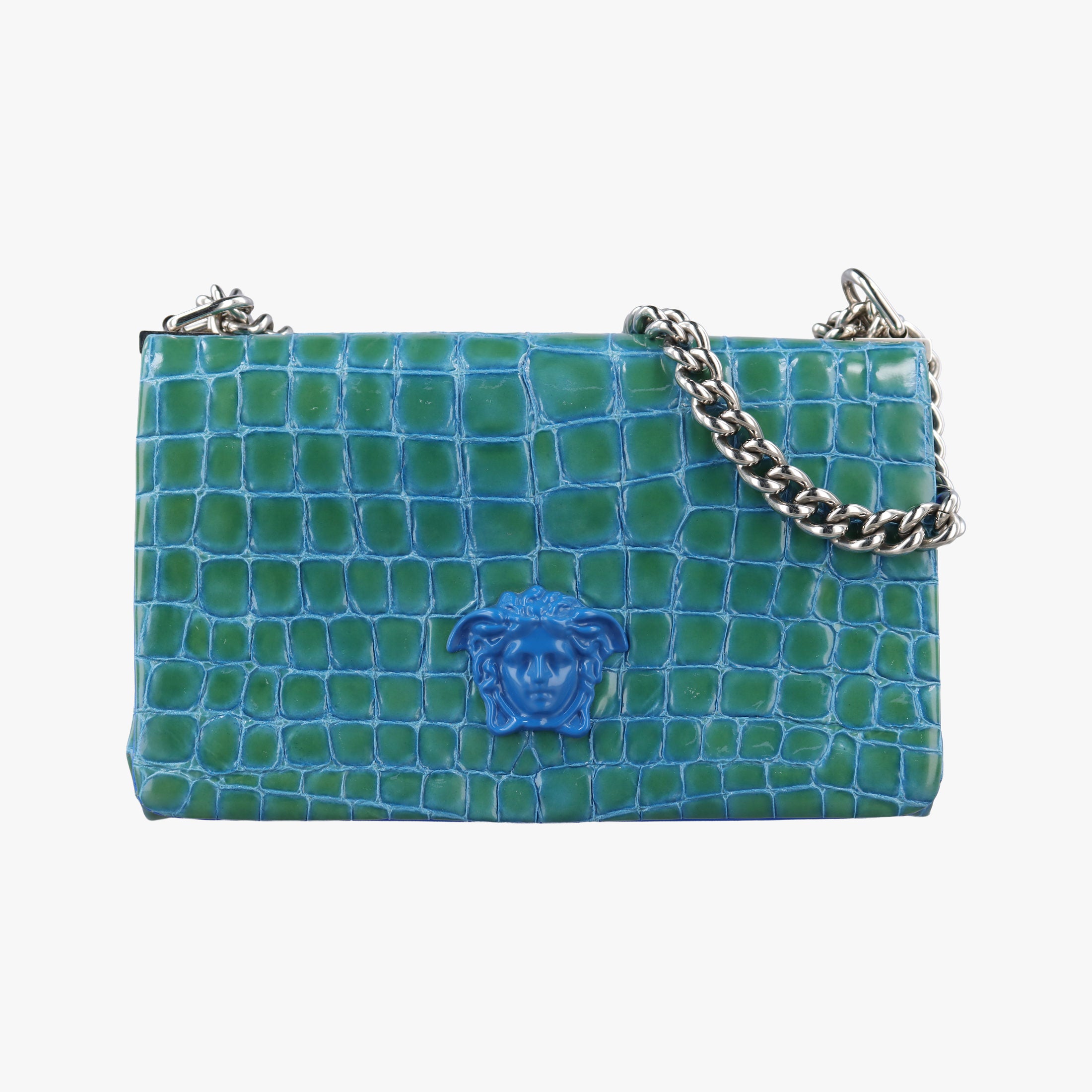 Pre-owned VERSACE La Medusa Blue Croc-Effect Embossed Calf Leather  shoulderbag | stylenewstar