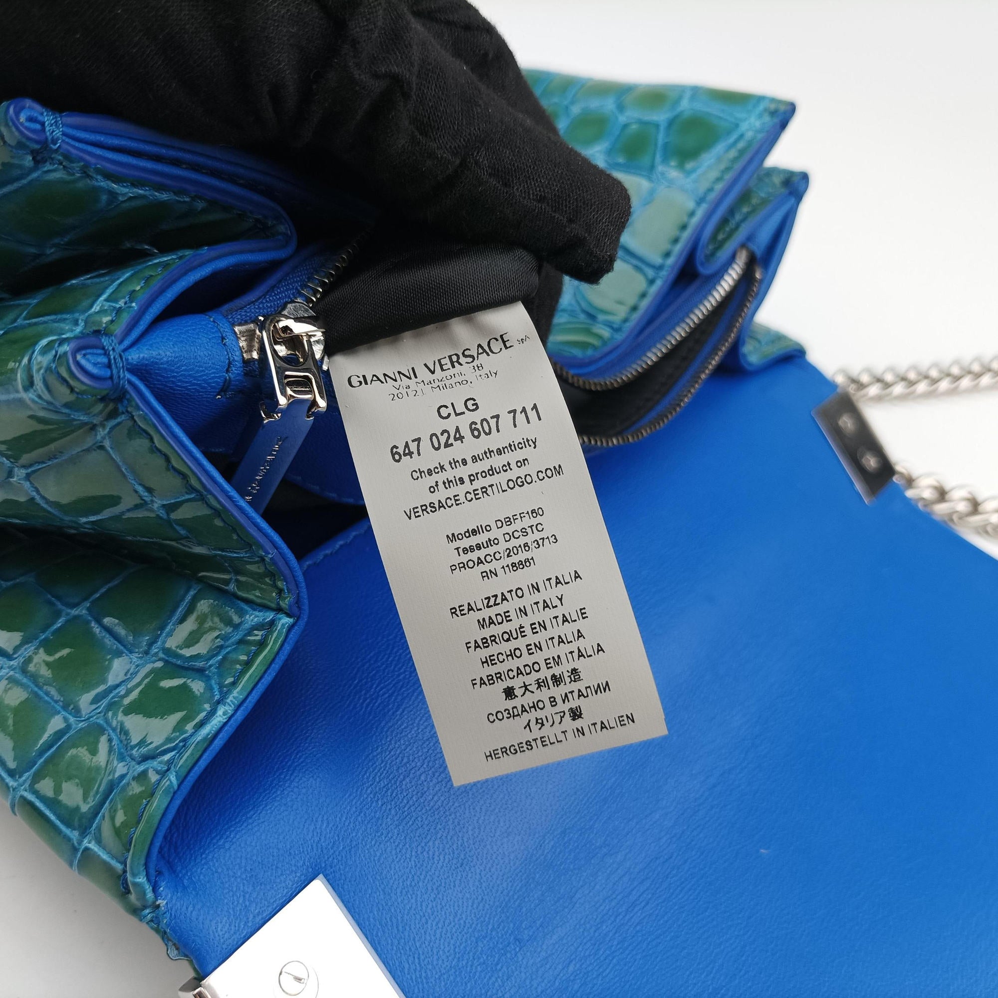 Pre-owned VERSACE La Medusa Blue Croc-Effect Embossed Calf Leather  shoulderbag | stylenewstar