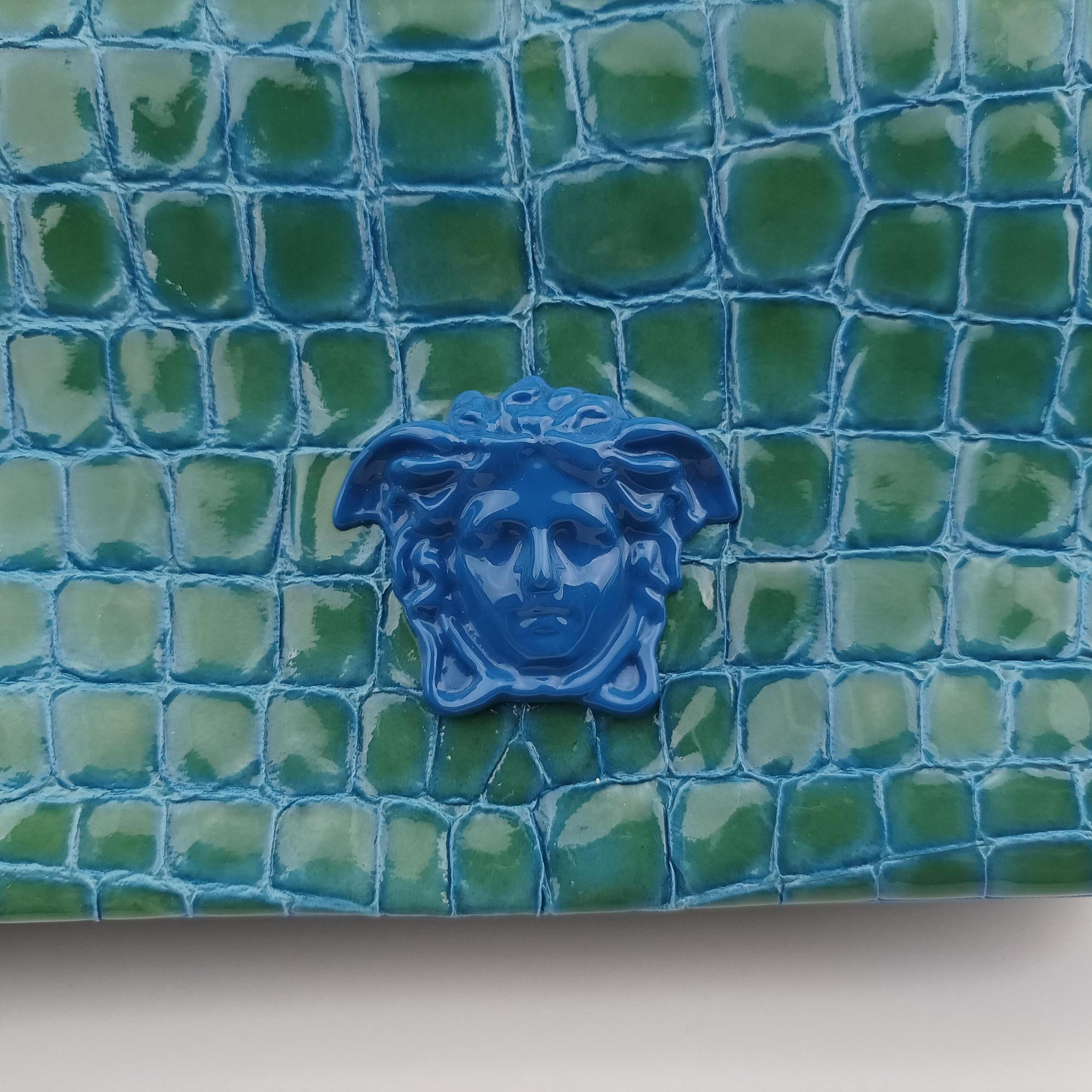 Pre-owned VERSACE La Medusa Blue Croc-Effect Embossed Calf Leather  shoulderbag | stylenewstar