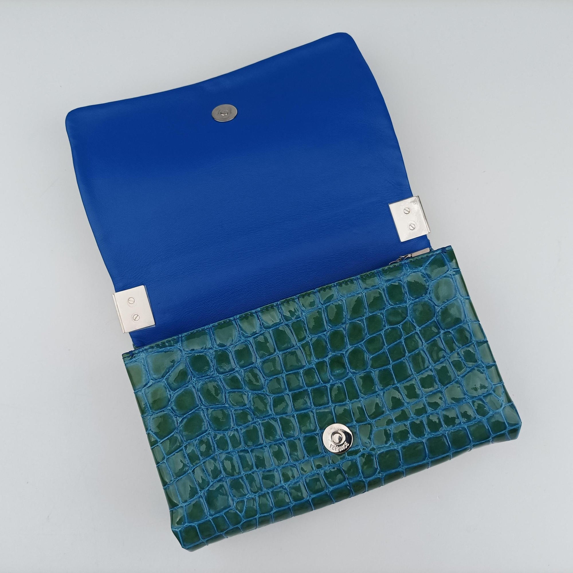 Pre-owned VERSACE La Medusa Blue Croc-Effect Embossed Calf Leather  shoulderbag | stylenewstar