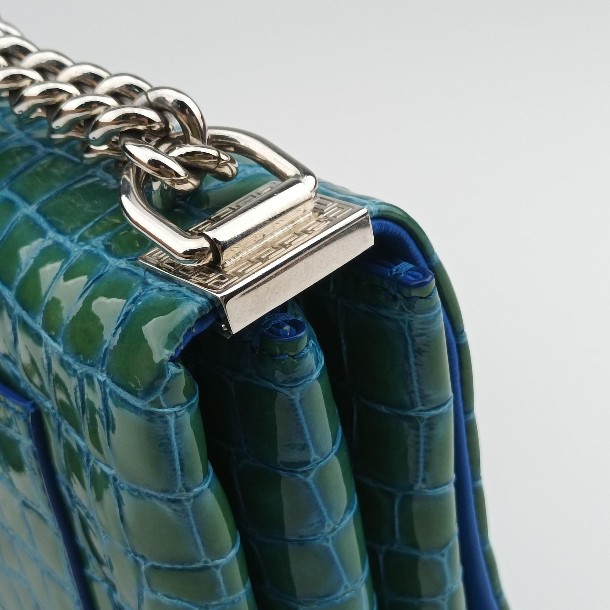 Pre-owned VERSACE La Medusa Blue Croc-Effect Embossed Calf Leather  shoulderbag | stylenewstar