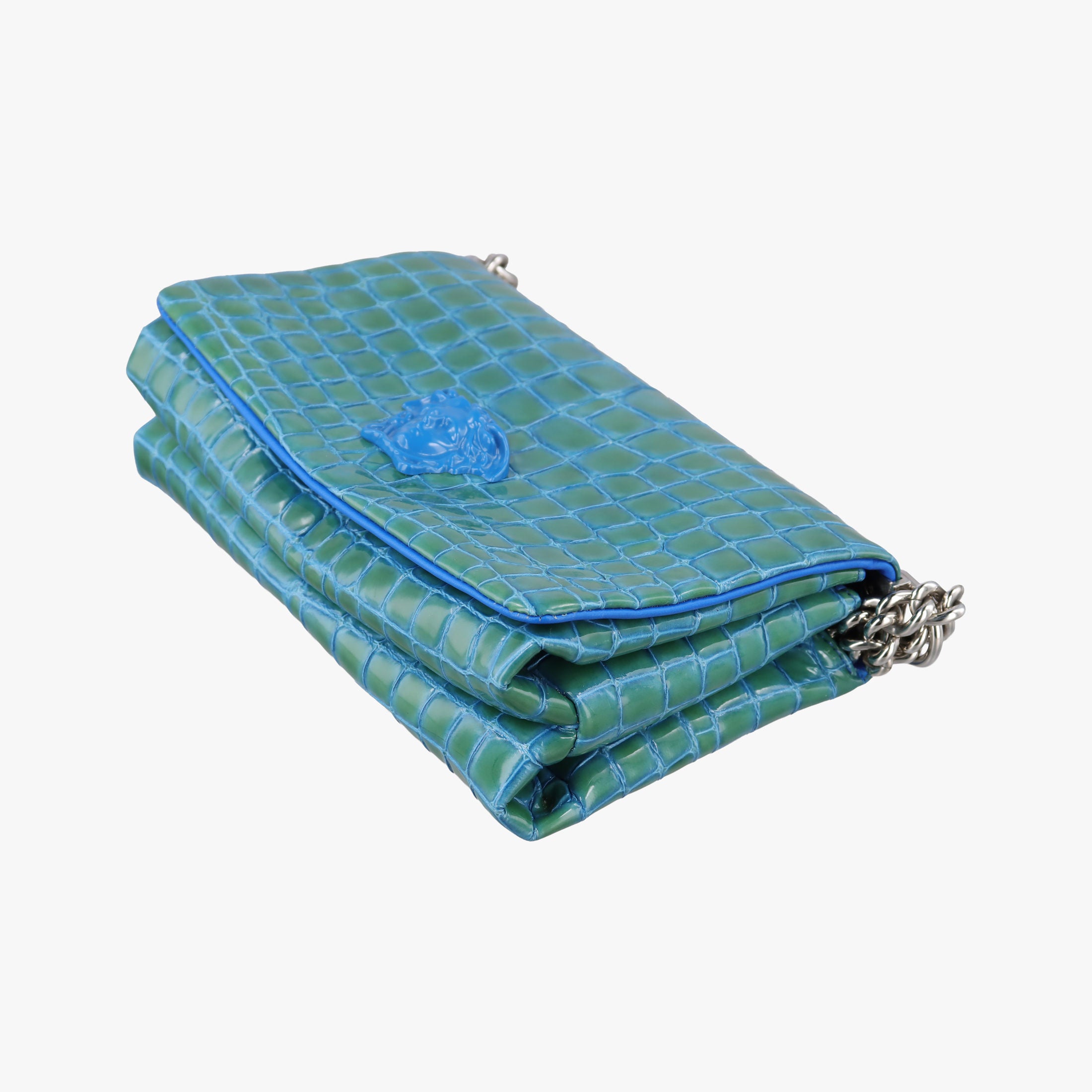 Pre-owned VERSACE La Medusa Blue Croc-Effect Embossed Calf Leather  shoulderbag | stylenewstar