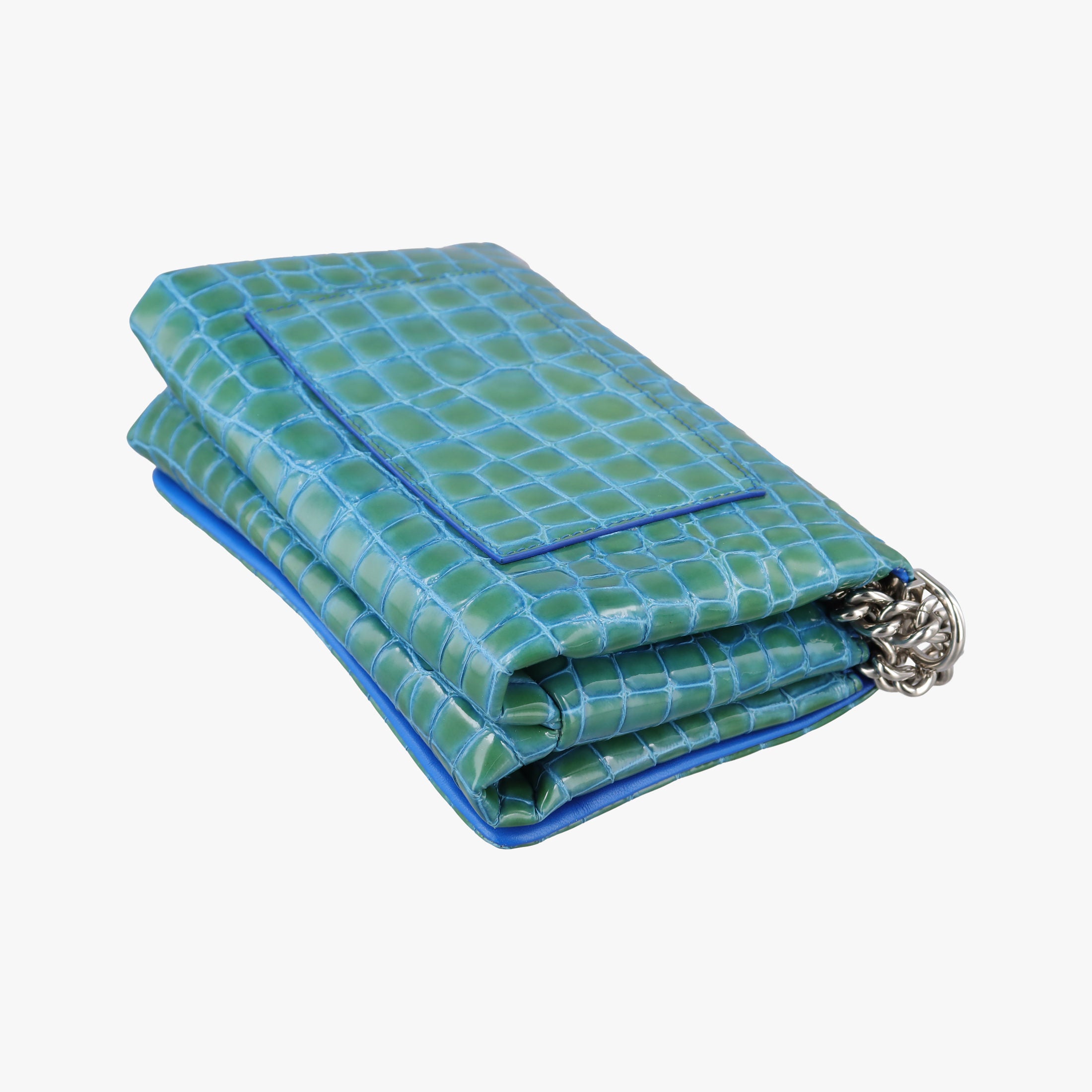 Pre-owned VERSACE La Medusa Blue Croc-Effect Embossed Calf Leather  shoulderbag | stylenewstar