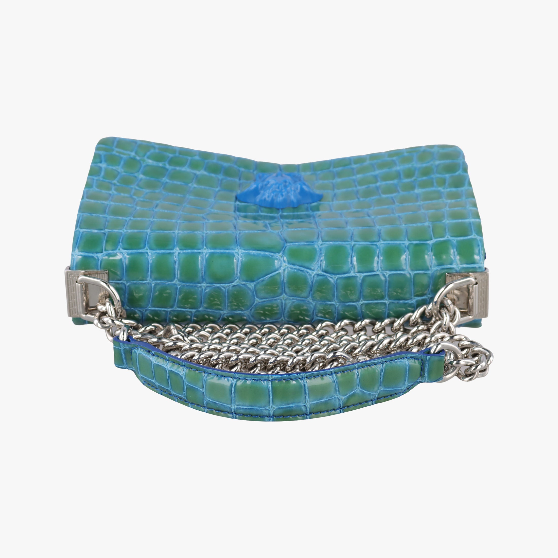 Pre-owned VERSACE La Medusa Blue Croc-Effect Embossed Calf Leather  shoulderbag | stylenewstar