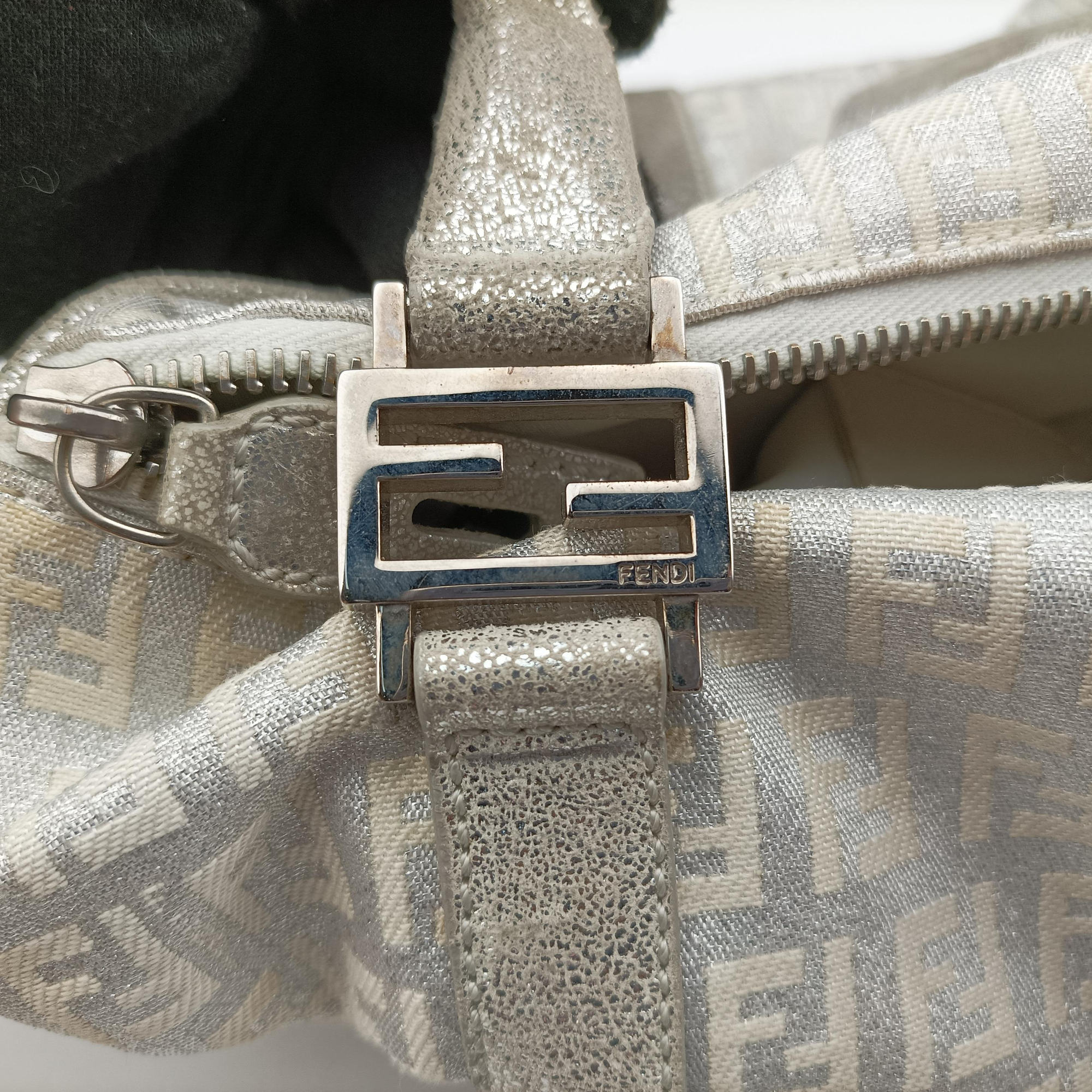 Secondhand Fendi Zucchino Glitter Logo Silver canvas 8BL068 handbag | stylenewstar