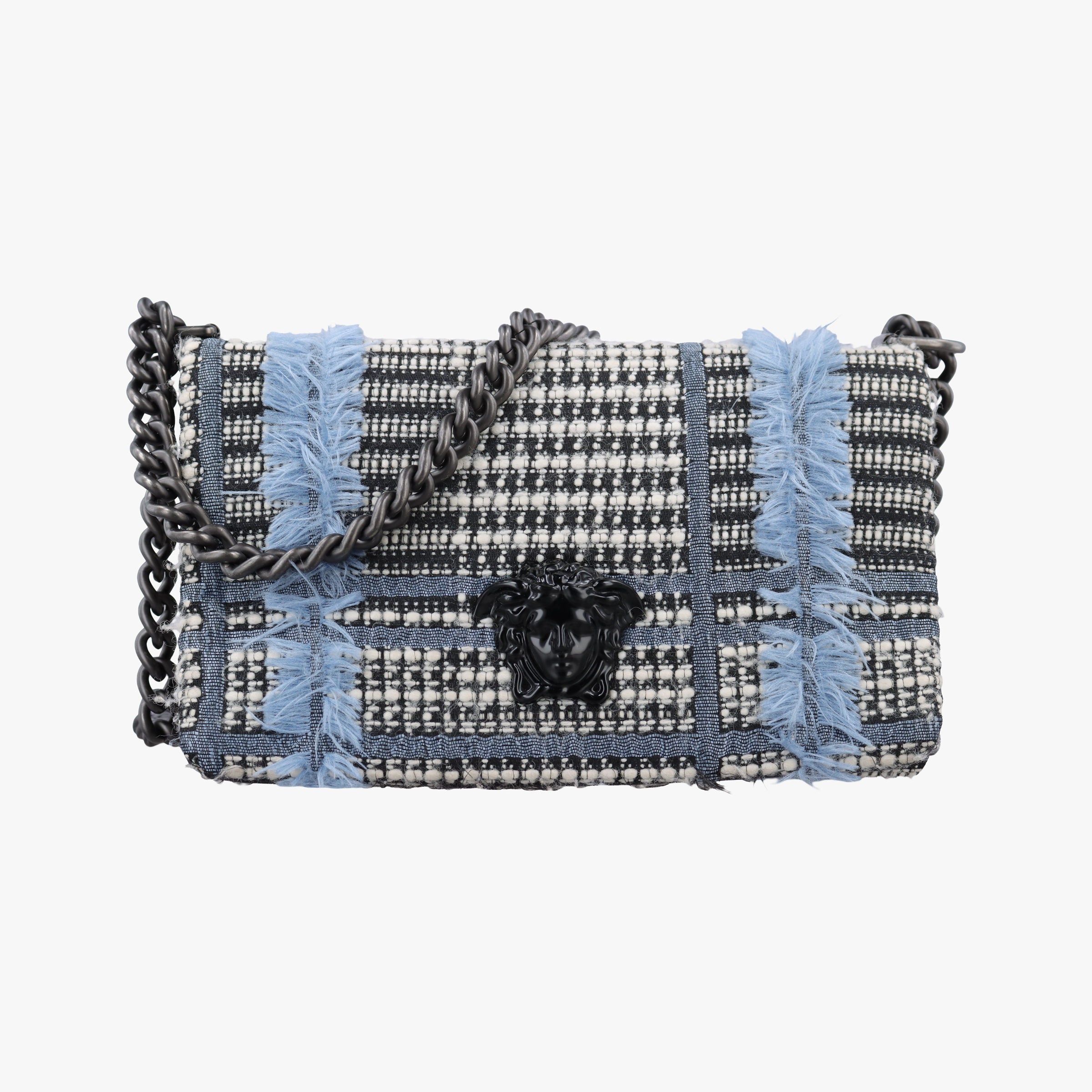 Pre-owned VERSACE Palazzo Sultan Blue×White Tweed  & Leather  shoulderbag | stylenewstar