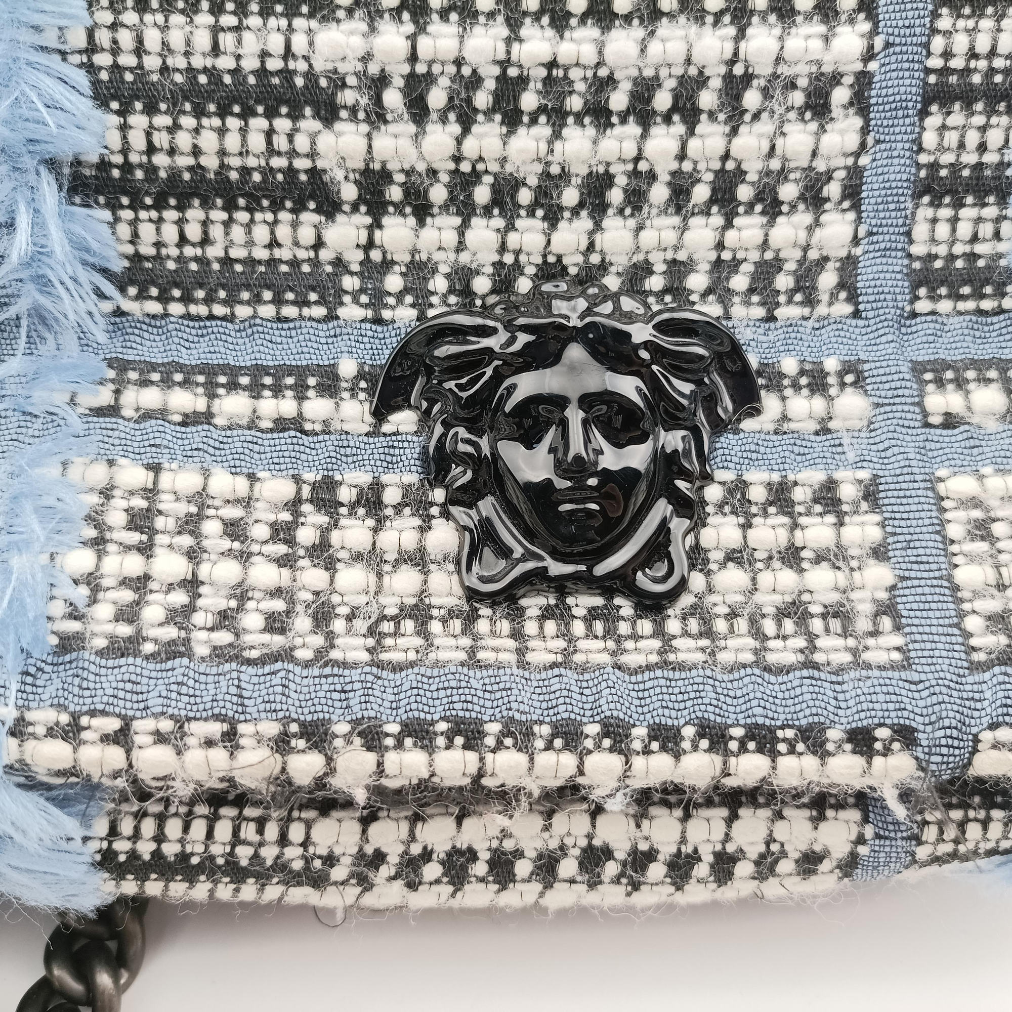 Pre-owned VERSACE Palazzo Sultan Blue×White Tweed  & Leather  shoulderbag | stylenewstar