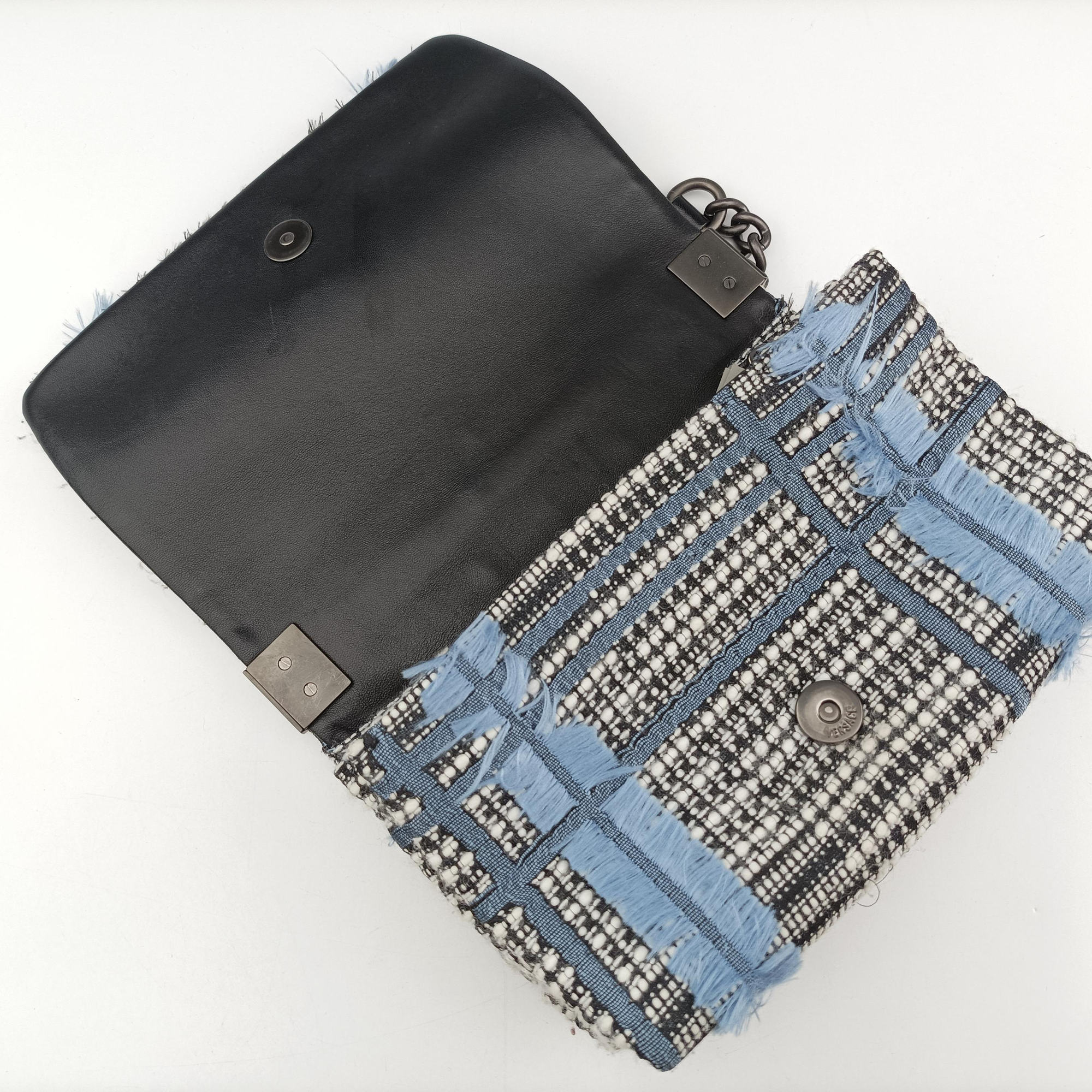Pre-owned VERSACE Palazzo Sultan Blue×White Tweed  & Leather  shoulderbag | stylenewstar