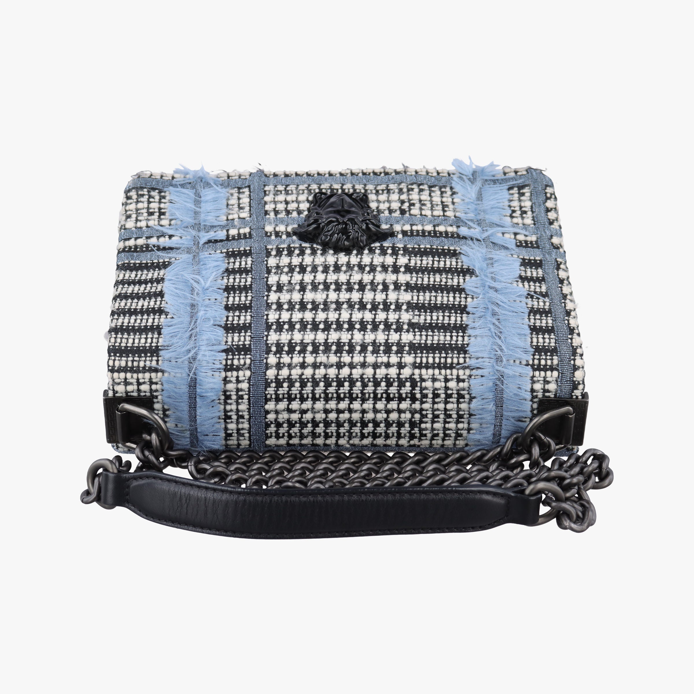 Pre-owned VERSACE Palazzo Sultan Blue×White Tweed  & Leather  shoulderbag | stylenewstar