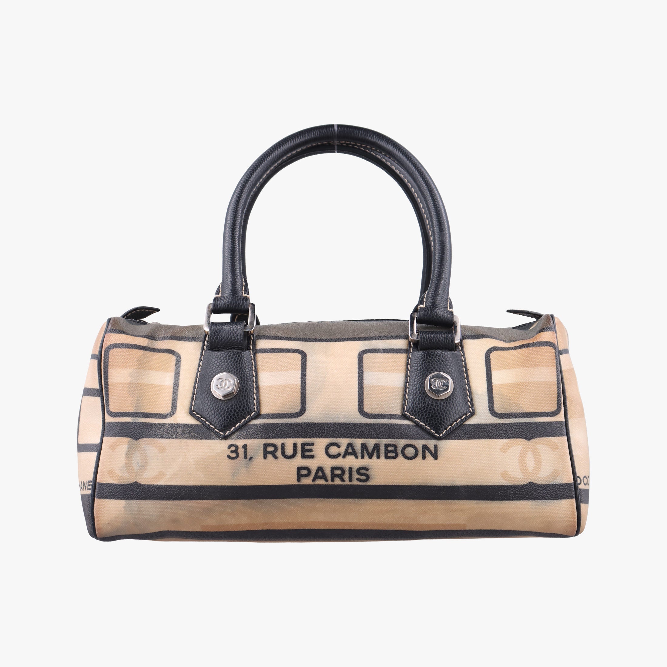 Vintage Chanel 31 Rue Cambon Graffiti Mini Boston Beige × Black Coated Canvas  handbag | stylenewstar